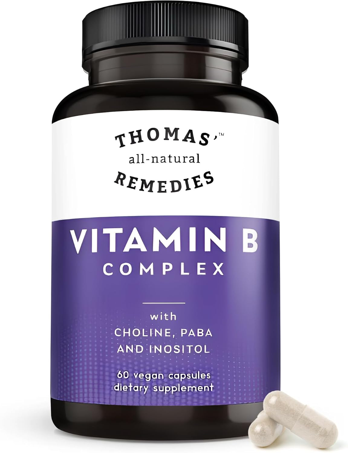 Vitamin B Complex with Choline, PABA & Inositol, Supports Energy Metabolism, Clarity & Nerve Support, Hair Skin Nails Vitamins, Made in USA, 60 Vegan Capsules