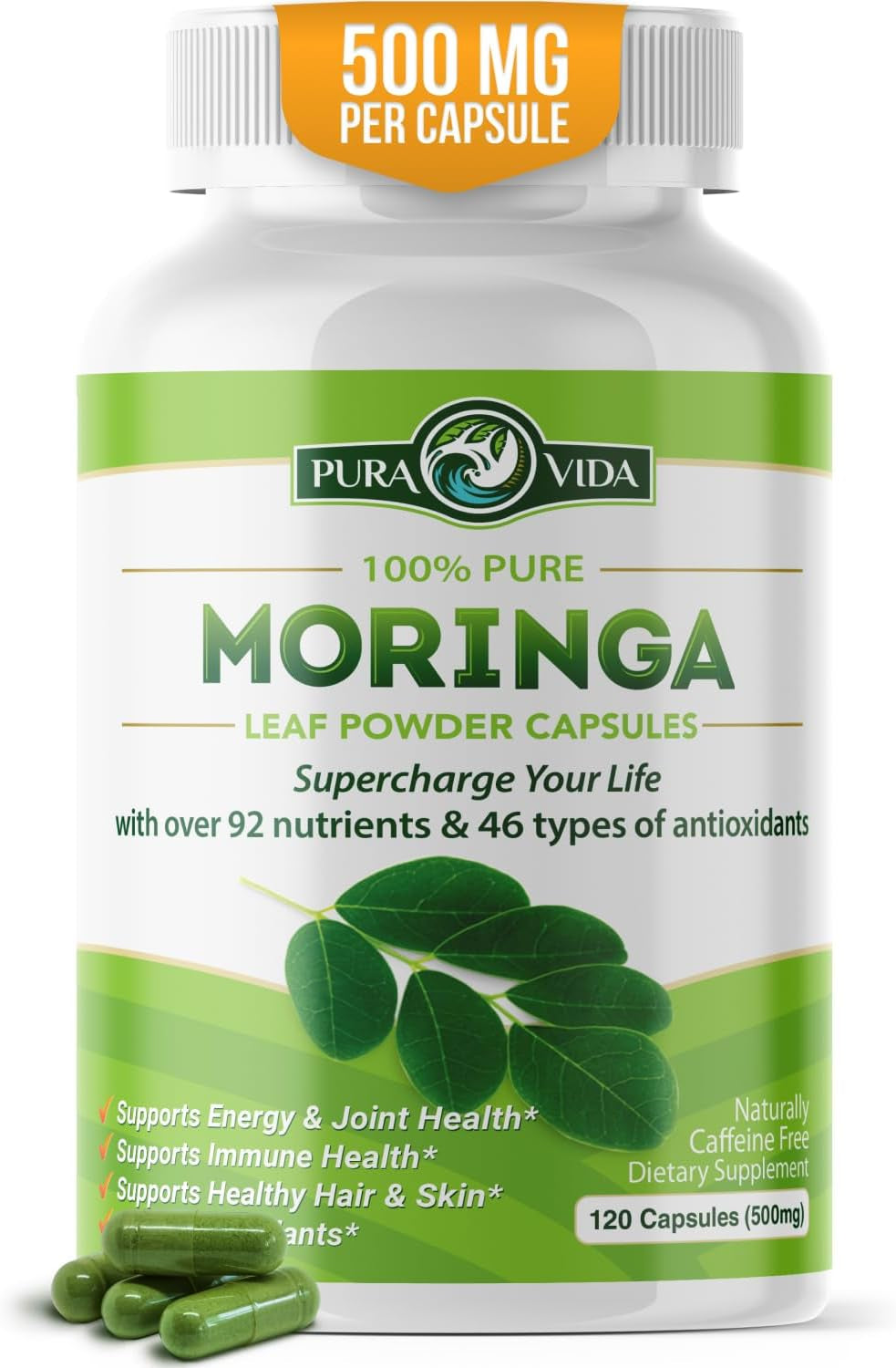Capsules Single Origin Moringa Powder Organic. Moringa Leaf. Energy, Metabolism, & Immune Support. 120Ct. 500Mg Caps.