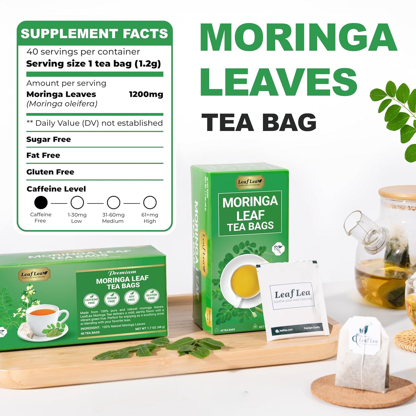 40 Moringa Tea Bags, 100% Natural and Pure Moringa Leaf Herbal Tea, Supports Digestion and Immune Health, Caffeine-Free, Sugar-Free, Vegan