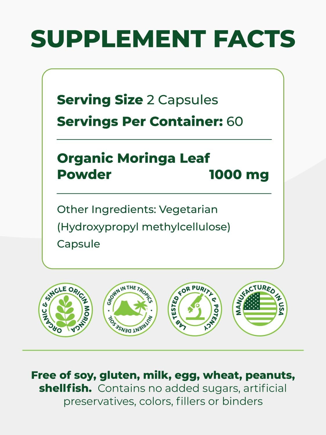 Capsules Single Origin Moringa Powder Organic. Moringa Leaf. Energy, Metabolism, & Immune Support. 120Ct. 500Mg Caps.