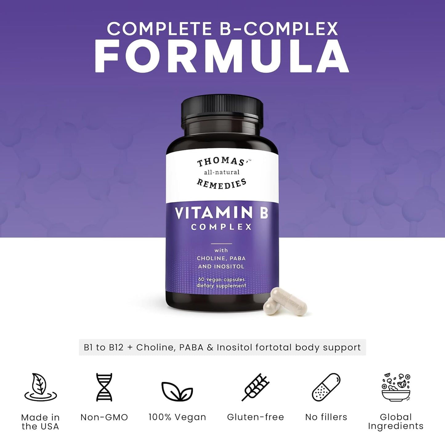 Vitamin B Complex with Choline, PABA & Inositol, Supports Energy Metabolism, Clarity & Nerve Support, Hair Skin Nails Vitamins, Made in USA, 60 Vegan Capsules