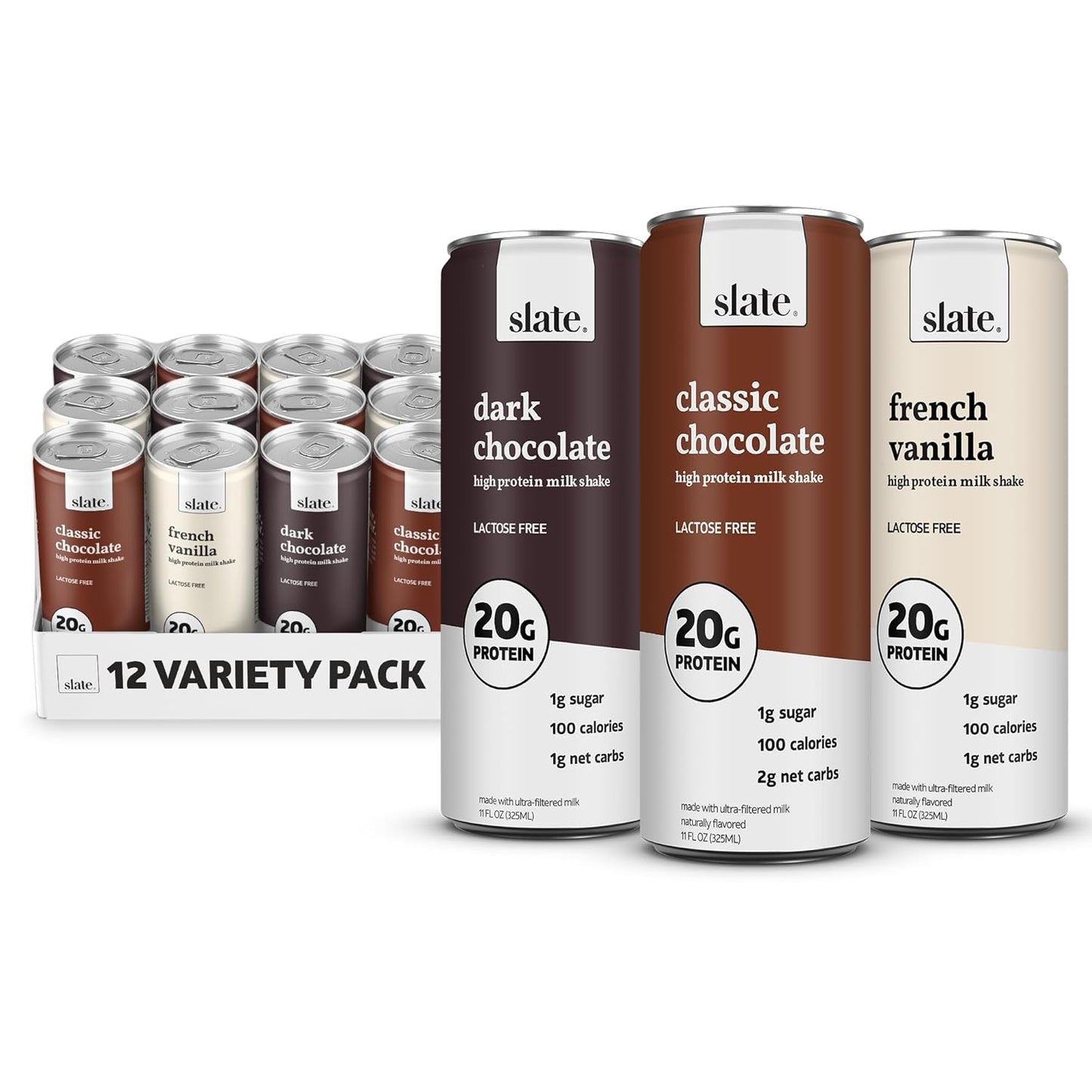 Milk - High Protein Milk Shake - Core Variety Pack - Classic Chocolate, Dark Chocolate, French Vanilla - Lactose Free, 20G Protein, 1G Sugar, 100 Calories, 1-2G Net Carbs - 11 Fl Oz, 12 Cans