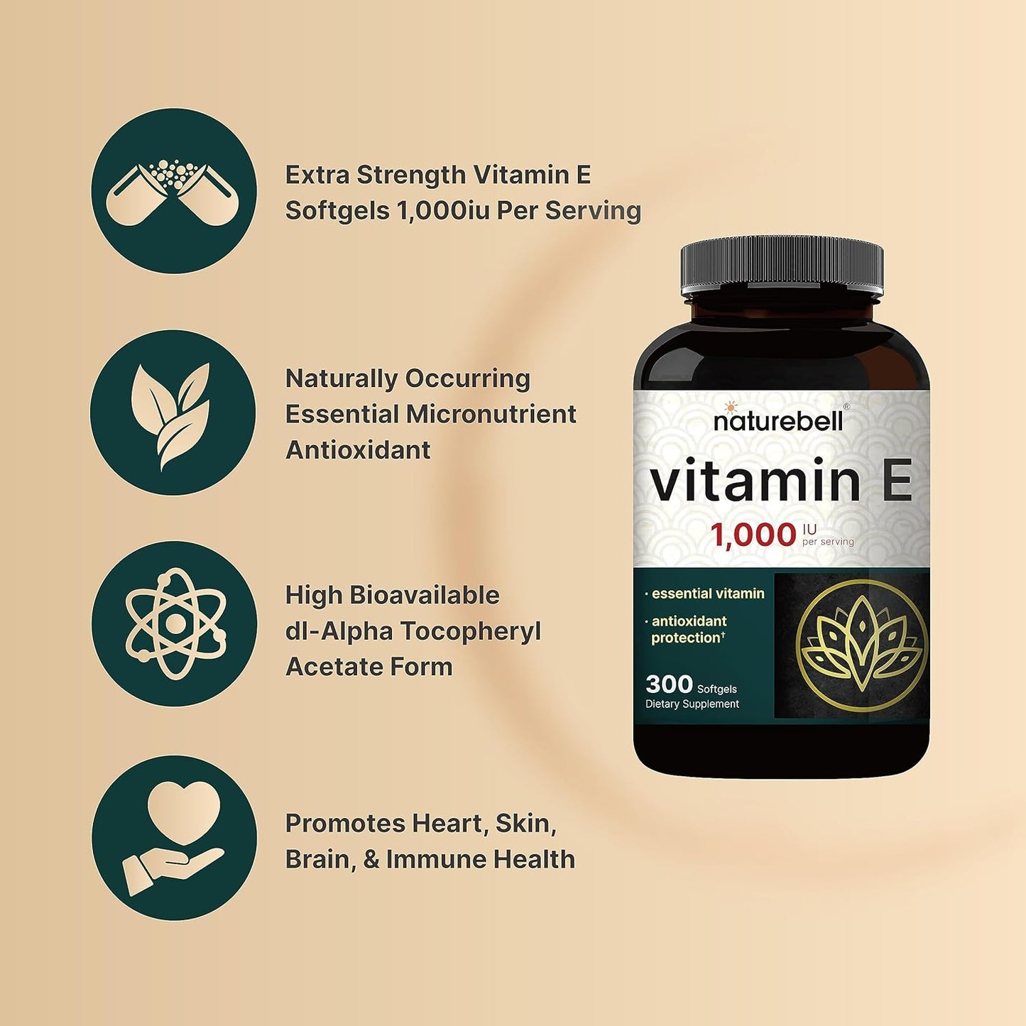 Vitamin E Oil Softgels, 1,000 IU per Serving, 300 Pills | Essential Antioxidant Supplements, Easily Absorbed Form β Supports Skin, Heart, & Immune Health β Non-Gmo
