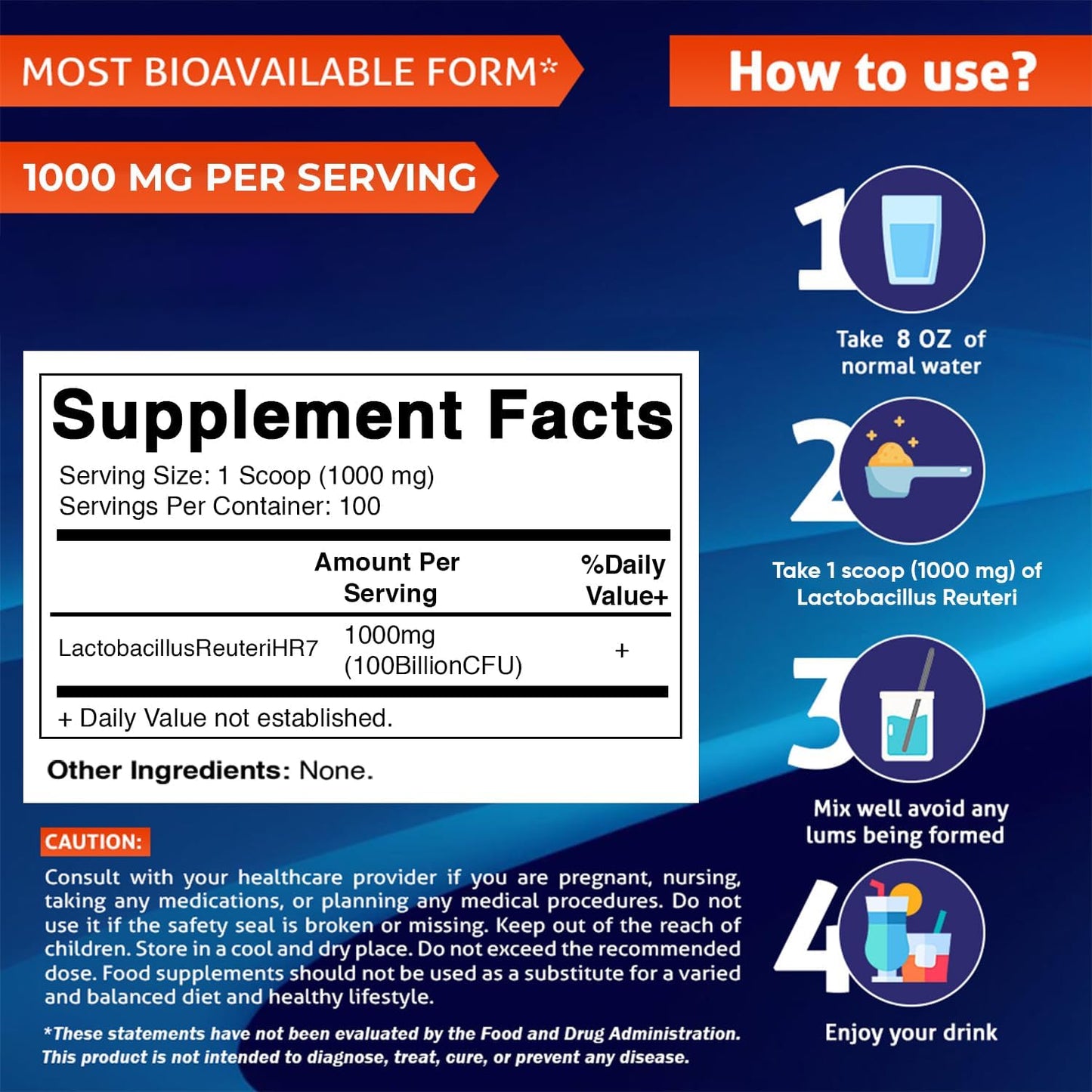 Lactobacillus Reuteri Probiotic Powder - Digestive Health Support - 100 Gram (3.5 OZ) - 100 Servings