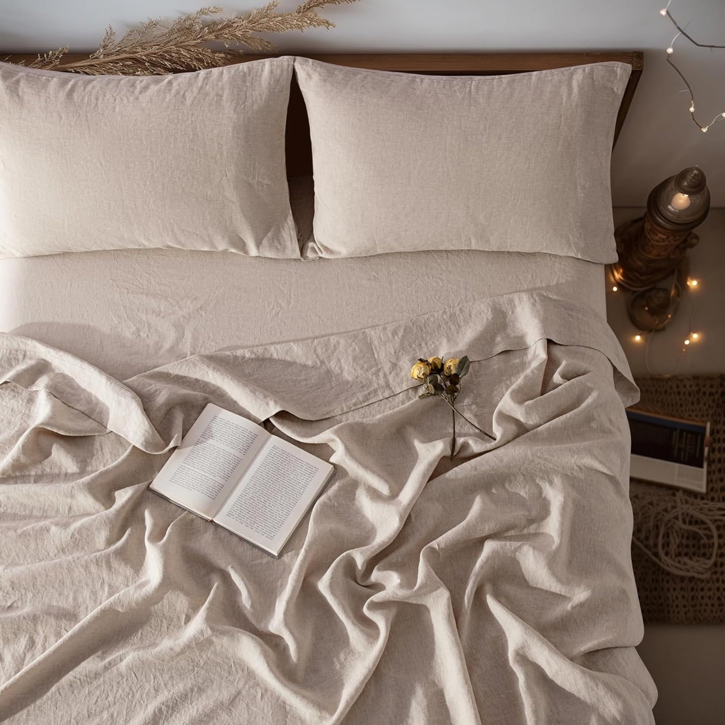100% Linen Sheet Set Queen Size, Bed Sheets 4 Piece Sets, Solid Color Natural Flax Bed Sheets Soft Breathable Bedding,16" Deep Pocket,All Season (Queen, Linen)