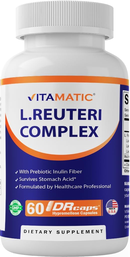 Lactobacillus Reuteri Complex – 22 Billion CFU per Delayed Release Capsule – 60 Capsules – Digestive & Gut Health Support – with Prebiotic Inulin Fiber