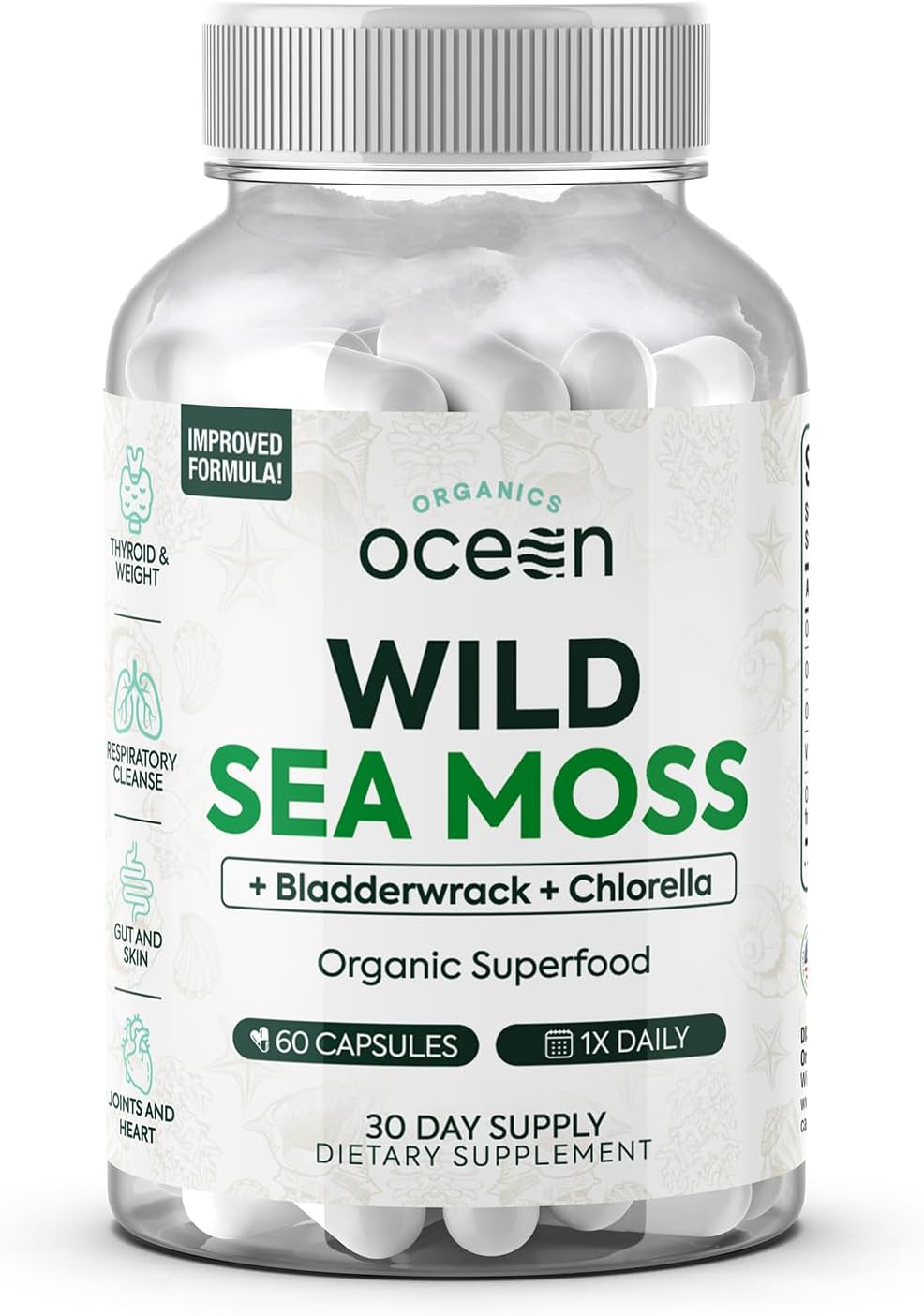 Wild Sea Moss Capsules - 100% Organic Irish Sea Moss with Organic Chlorella, Bladderwrack and Vitamin D for Energy, Lung Health and Thyroid Support for Women and Men - 60 Capsules