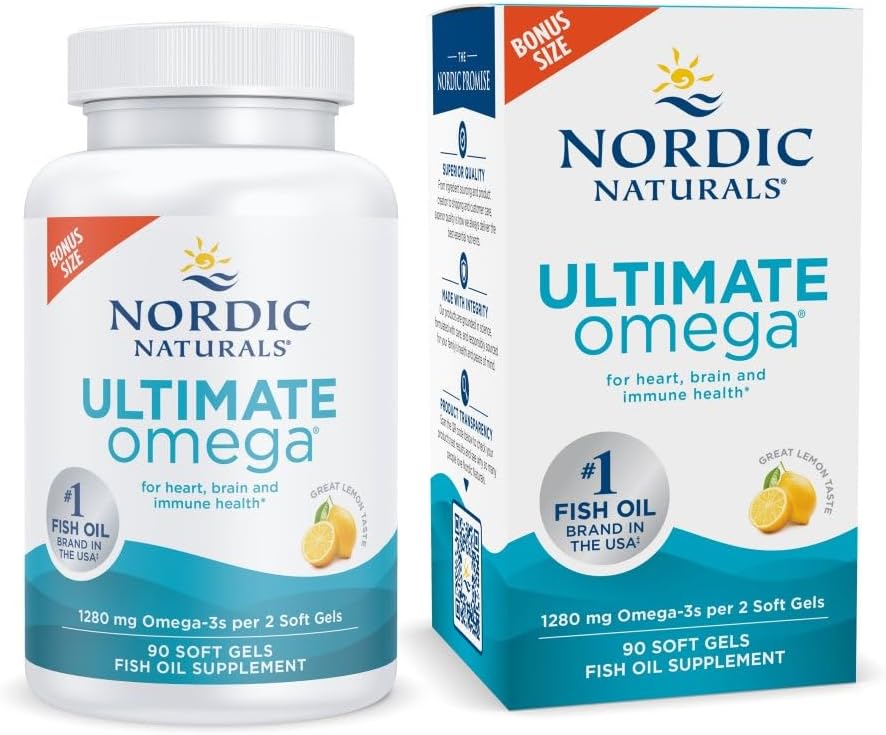 Ultimate Omega, Lemon Flavor - 60 Soft Gels - 1280 Mg Omega-3 - High-Potency Fish Oil Supplement with EPA & DHA - Promotes Brain & Heart Health - Non-Gmo - 30 Servings