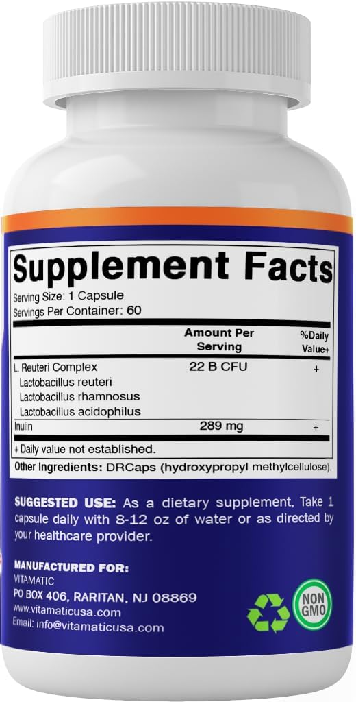 Lactobacillus Reuteri Complex – 22 Billion CFU per Delayed Release Capsule – 60 Capsules – Digestive & Gut Health Support – with Prebiotic Inulin Fiber