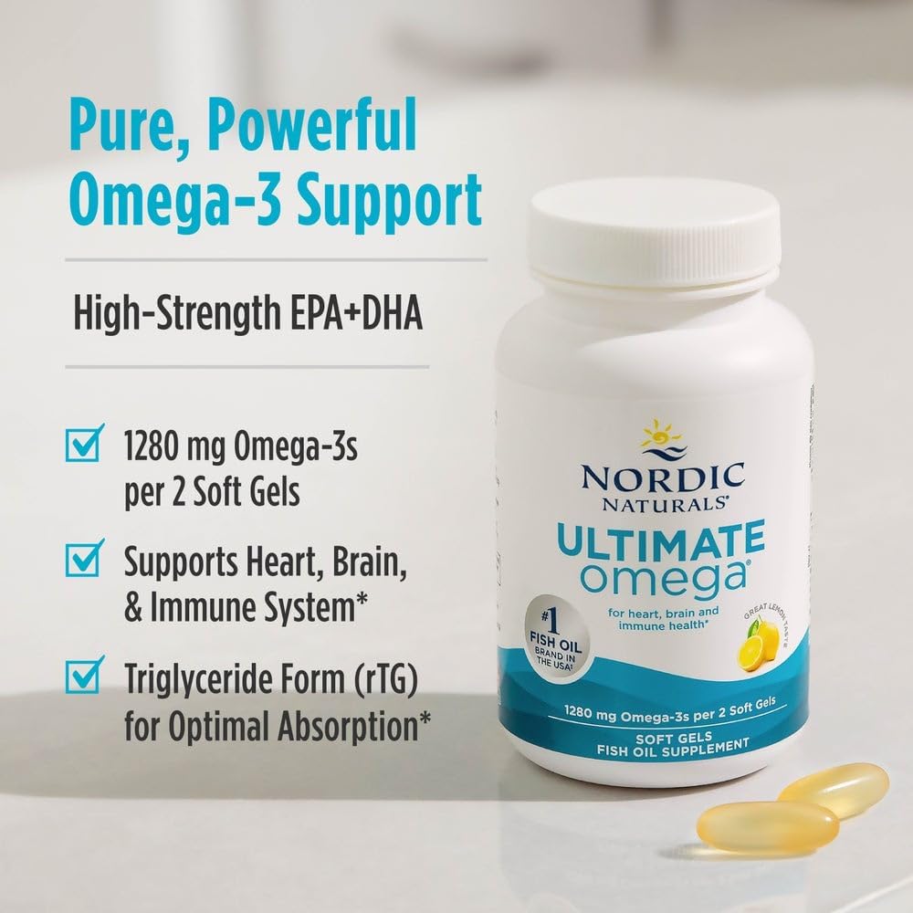 Ultimate Omega, Lemon Flavor - 60 Soft Gels - 1280 Mg Omega-3 - High-Potency Fish Oil Supplement with EPA & DHA - Promotes Brain & Heart Health - Non-Gmo - 30 Servings