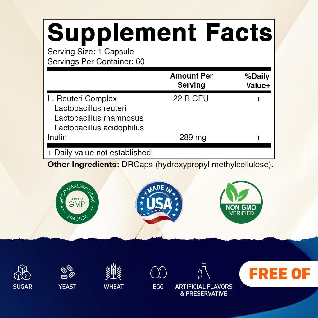 Lactobacillus Reuteri Complex – 22 Billion CFU per Delayed Release Capsule – 60 Capsules – Digestive & Gut Health Support – with Prebiotic Inulin Fiber