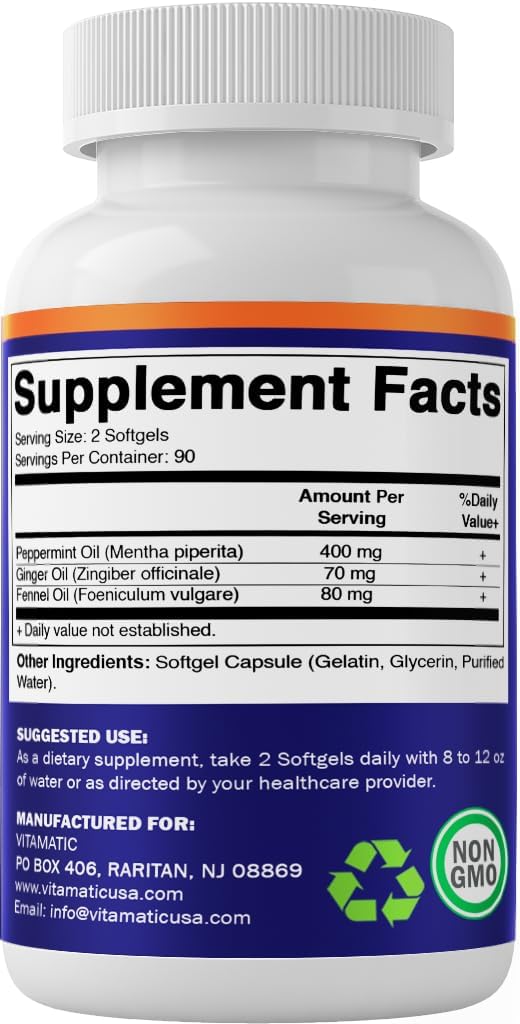 Peppermint Oil Gel with Ginger & Fennel Oils, 550Mg per Serving, 180 Softgels
