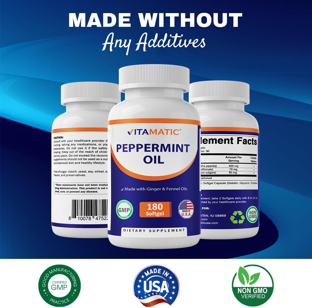 Peppermint Oil Gel with Ginger & Fennel Oils, 550Mg per Serving, 180 Softgels