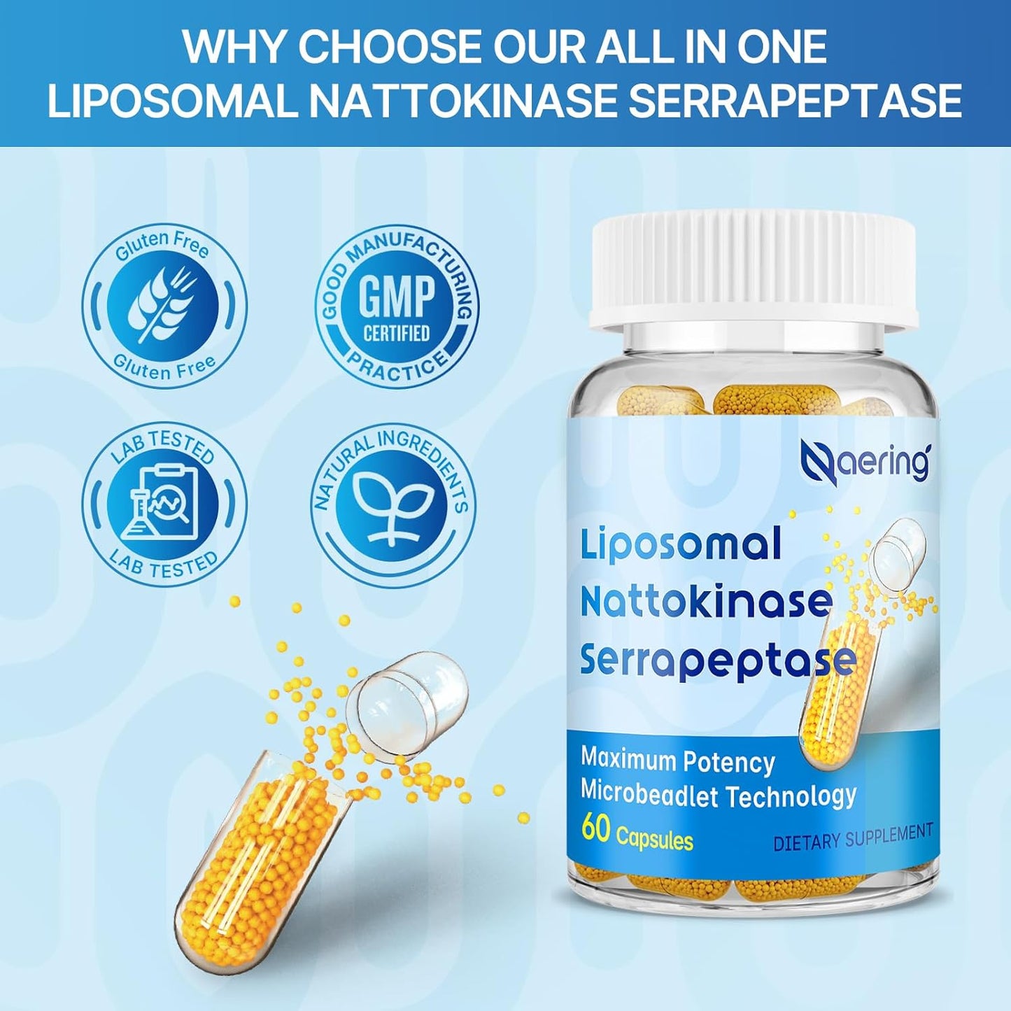 Liposomal Nattokinase 12,000 FU Serrapeptase 360,000 SPU Enzyme Supplement - Enriched with Synergistic Enzymes and Nutrient Blend & Inulin for Circulatory, Gut, Digestion 60 Capsules (1 Bottle)