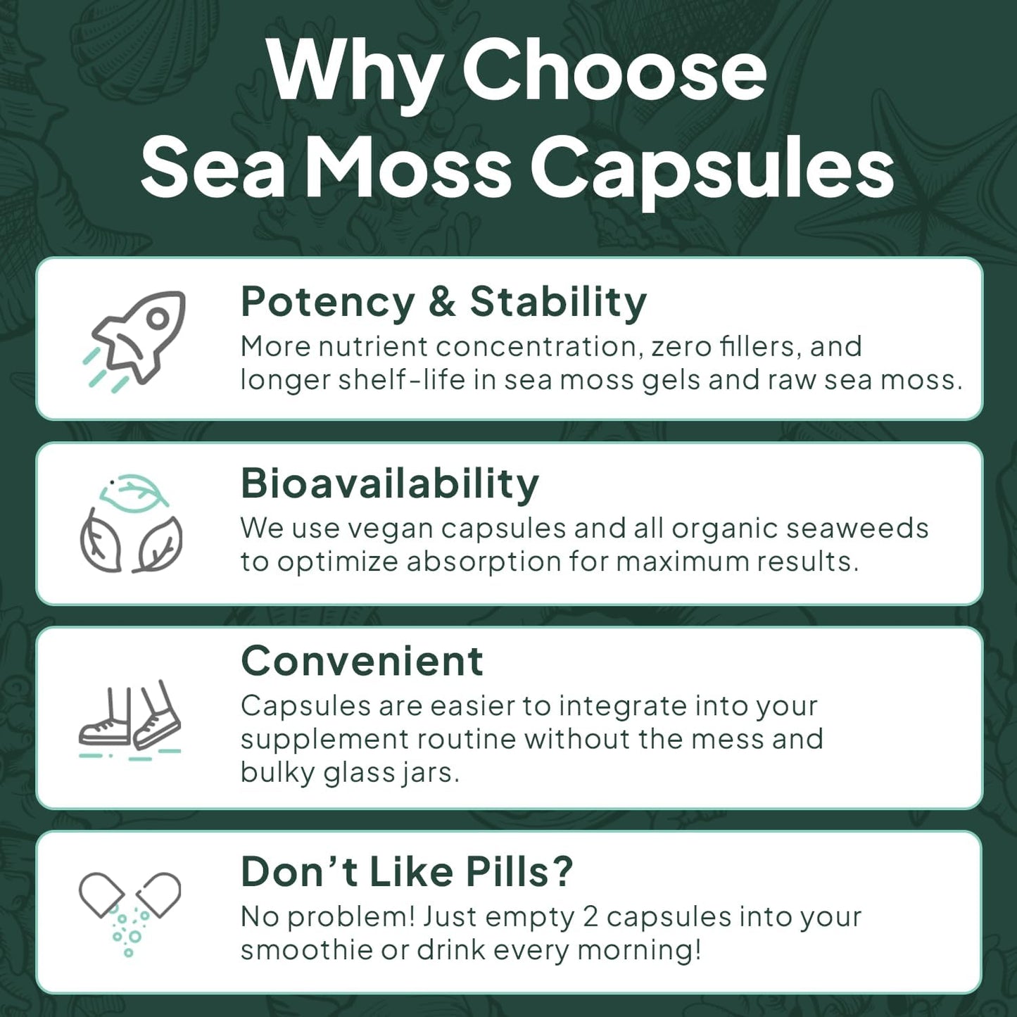 Wild Sea Moss Capsules - 100% Organic Irish Sea Moss with Organic Chlorella, Bladderwrack and Vitamin D for Energy, Lung Health and Thyroid Support for Women and Men - 60 Capsules