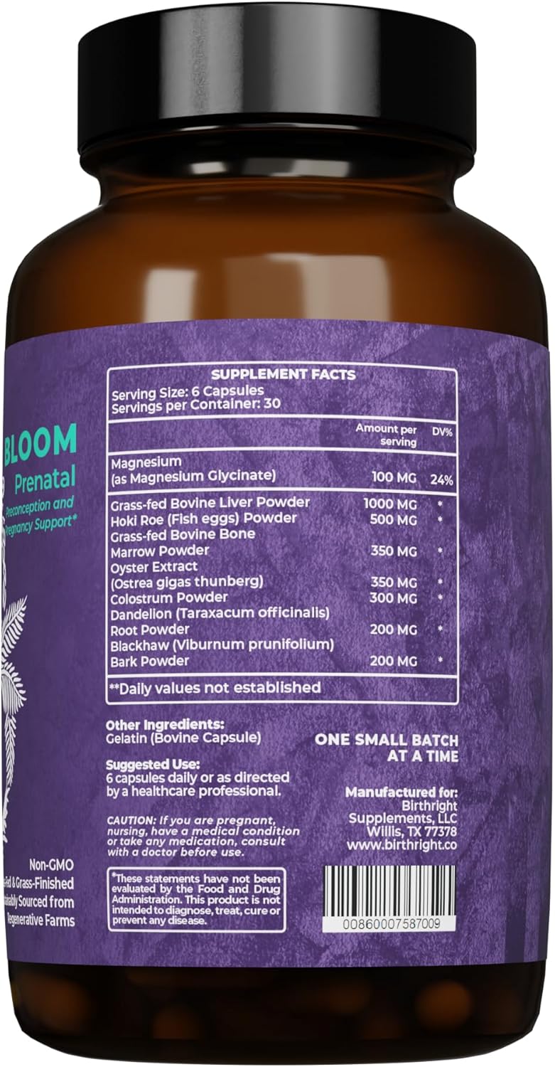 Complete Prenatal Supplement for Fetal Development… Folate, Choline + DHA, from Grass Fed Liver, Fish Eggs, Colostrum, Bone Marrow, with All Natural Herbal Blend Bloom