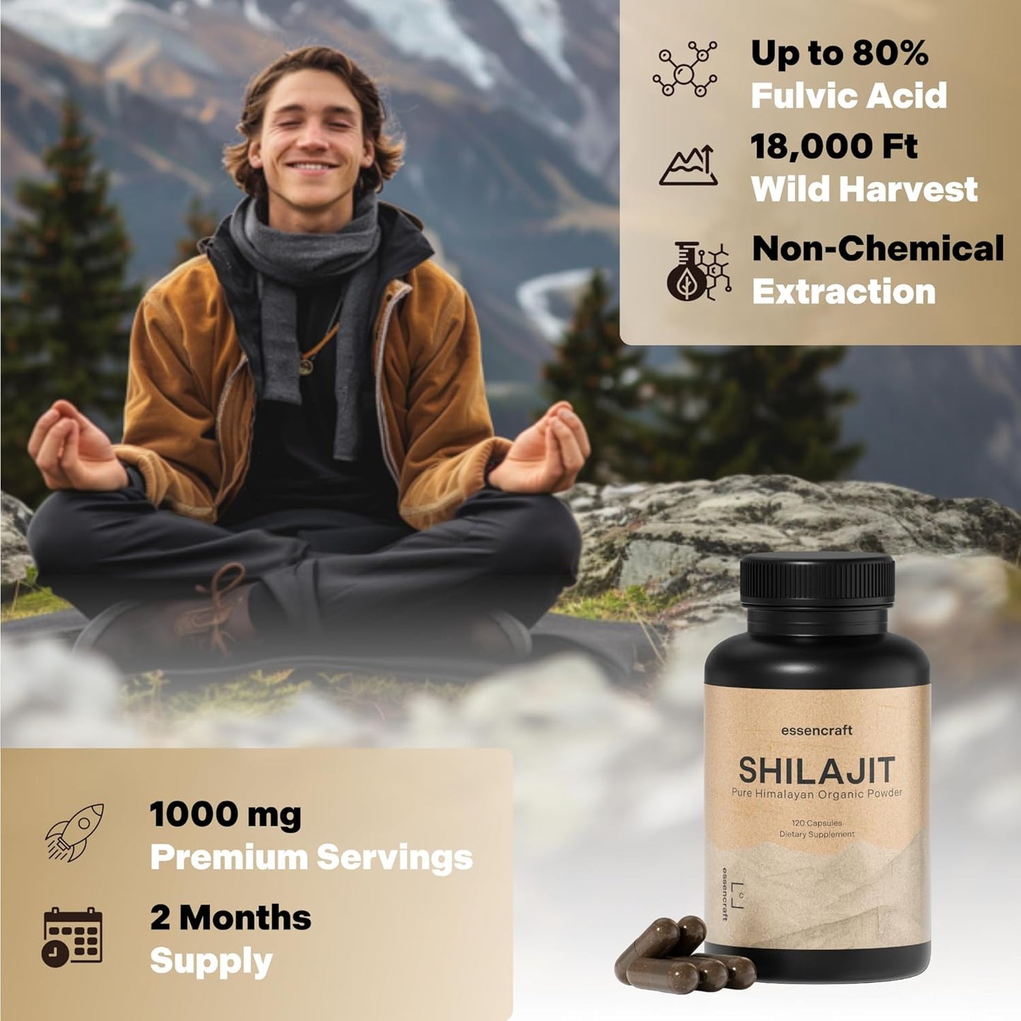 Organic Himalayan Shilajit Resin Extract - 1000Mg Max Potency, Lab Tested Pure Shilajit for Men & Women, 85+ Trace Minerals Fulvic Acid, Immune Support, Energy, Cognition, 2 Month Supply, 120 Capsules