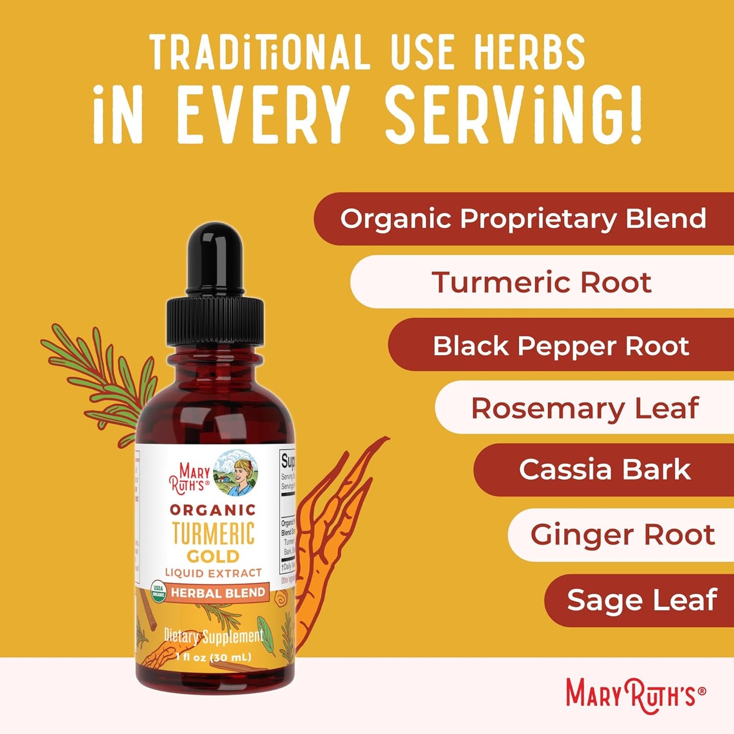 USDA Turmeric Gold Liquid Drops | Herbal Blend | Turmeric Curcumin | Black Pepper | Cassia Cinnamon Bark | Ginger Root | Immune Support | Non-Gmo Project Verified | Vegan | 1Oz
