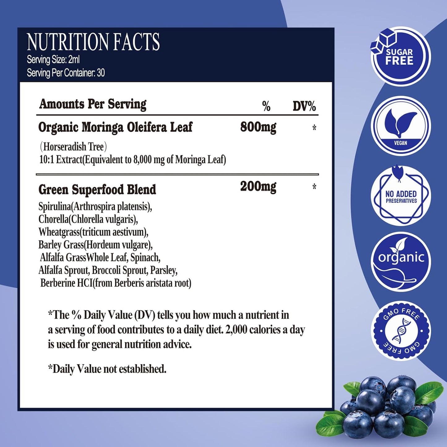 Raw Moringa Liquid Drops 8000 Mg, Organic Moringa Oleifera Leaf Extract W. Supergreens Blend of Wheatgrass, Barley Grass for Antioxidant, Energy & Immune, High Potency than Capsules Powder