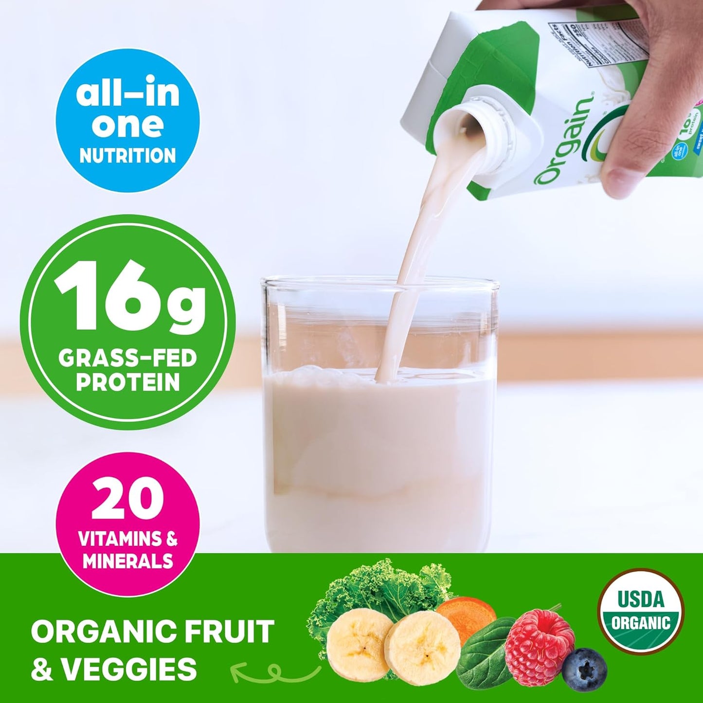 Organic Nutritional Protein Shake, Vanilla Bean - 16G Grass Fed Whey Protein, Meal Replacement, 20 Vitamins & Minerals, Fruits & Vegetables, Gluten Free, Non-Gmo, 11 Fl Oz (12 Pack)