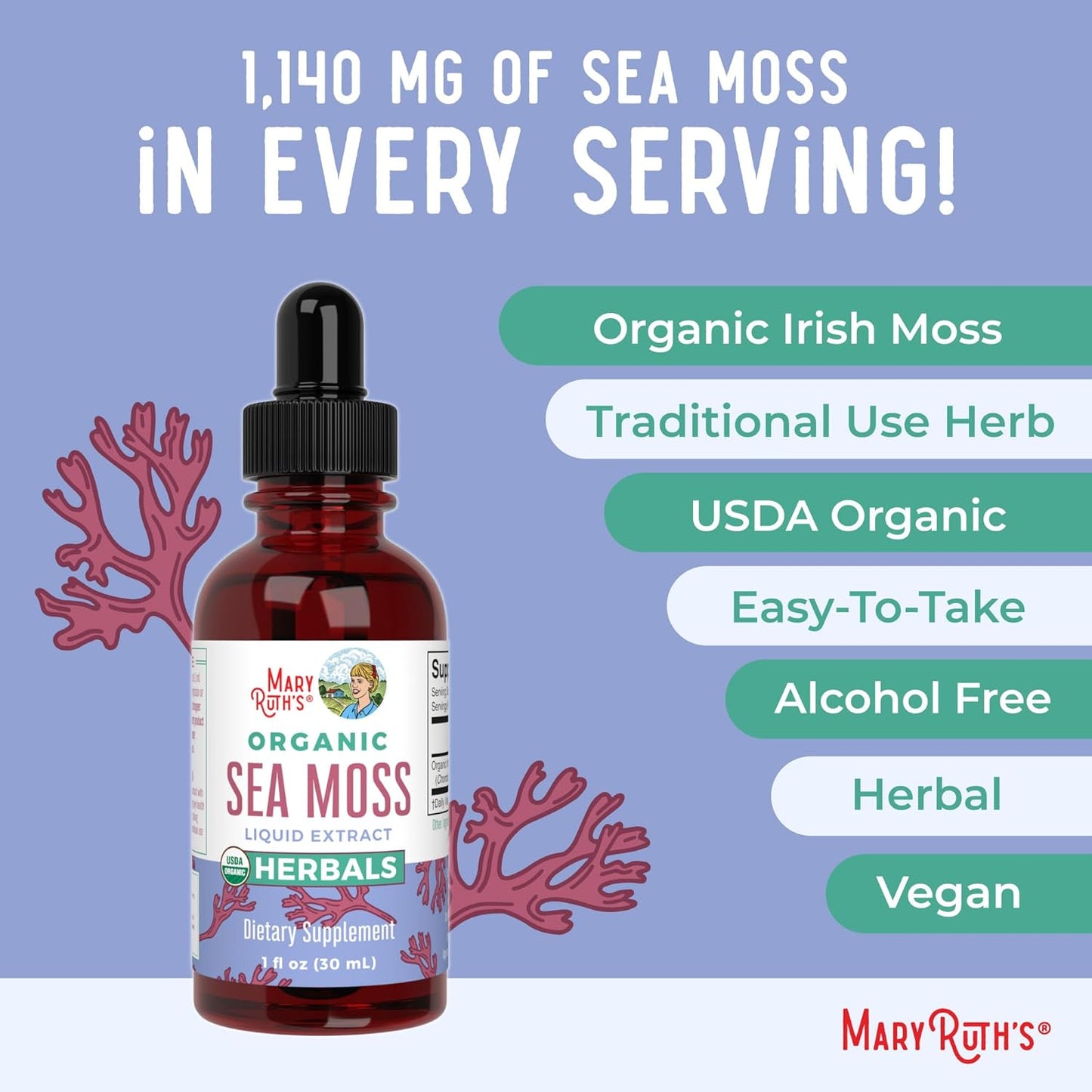 USDA Irish Sea Moss Liquid Drops | Organic Irish Moss | Chondrus Crispus | Formulated for Adults & Kids Ages 14+ | Unflavored | Sugar Free | Vegan | Non-Gmo | 1 Fl Oz
