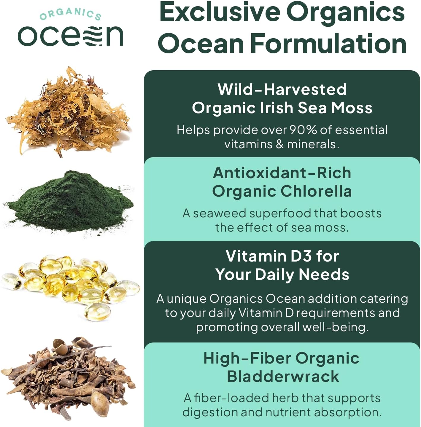Wild Sea Moss Capsules - 100% Organic Irish Sea Moss with Organic Chlorella, Bladderwrack and Vitamin D for Energy, Lung Health and Thyroid Support for Women and Men - 60 Capsules