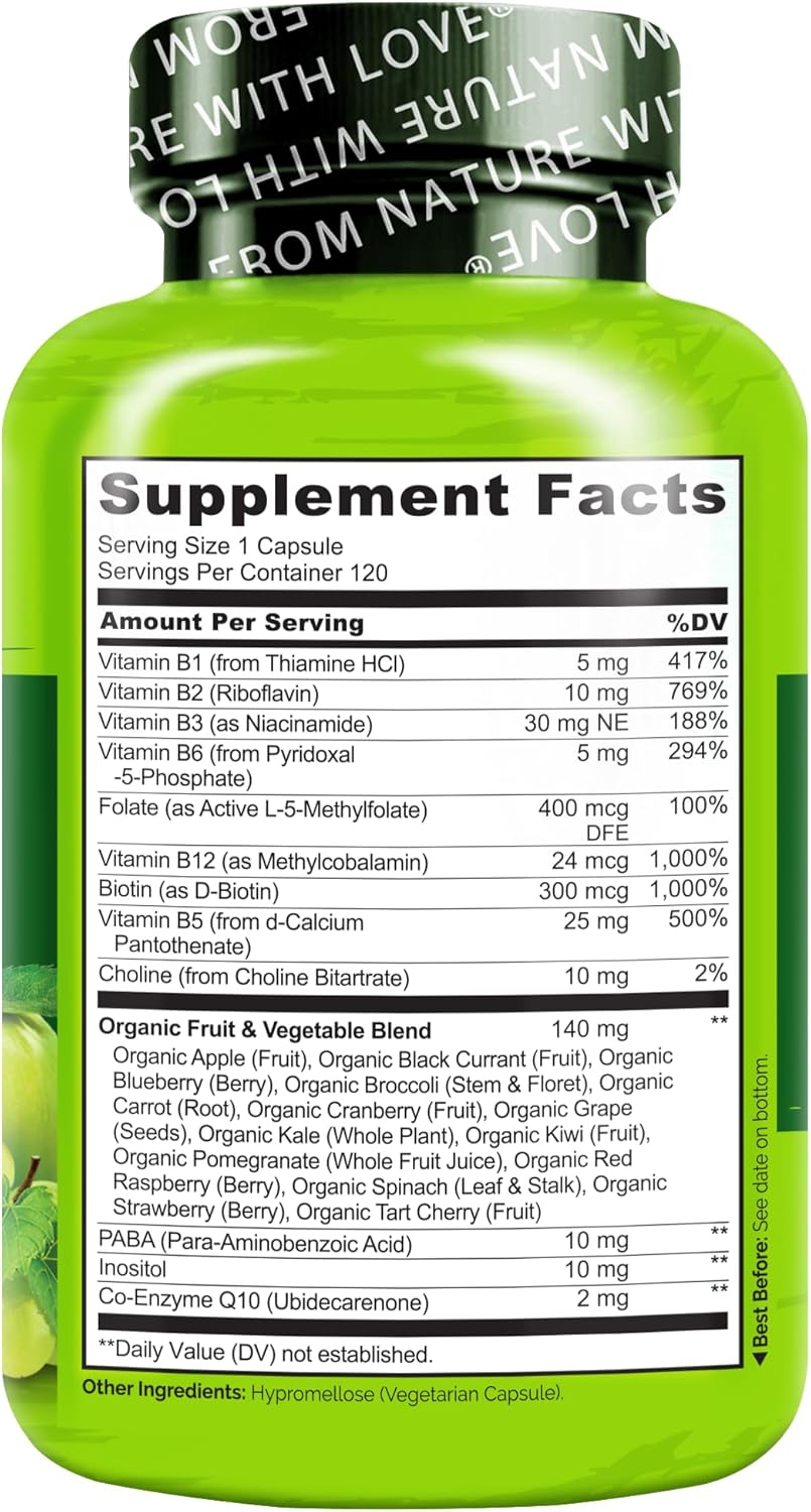 Vitamin B Complex with Methyl B12, Methyl Folate, Vitamin B6, Biotin plus Choline, Coq10, and Fruit & Vegetable Blend - Supports Energy & Healthy Stress Response - Vegan - 120 Capsules
