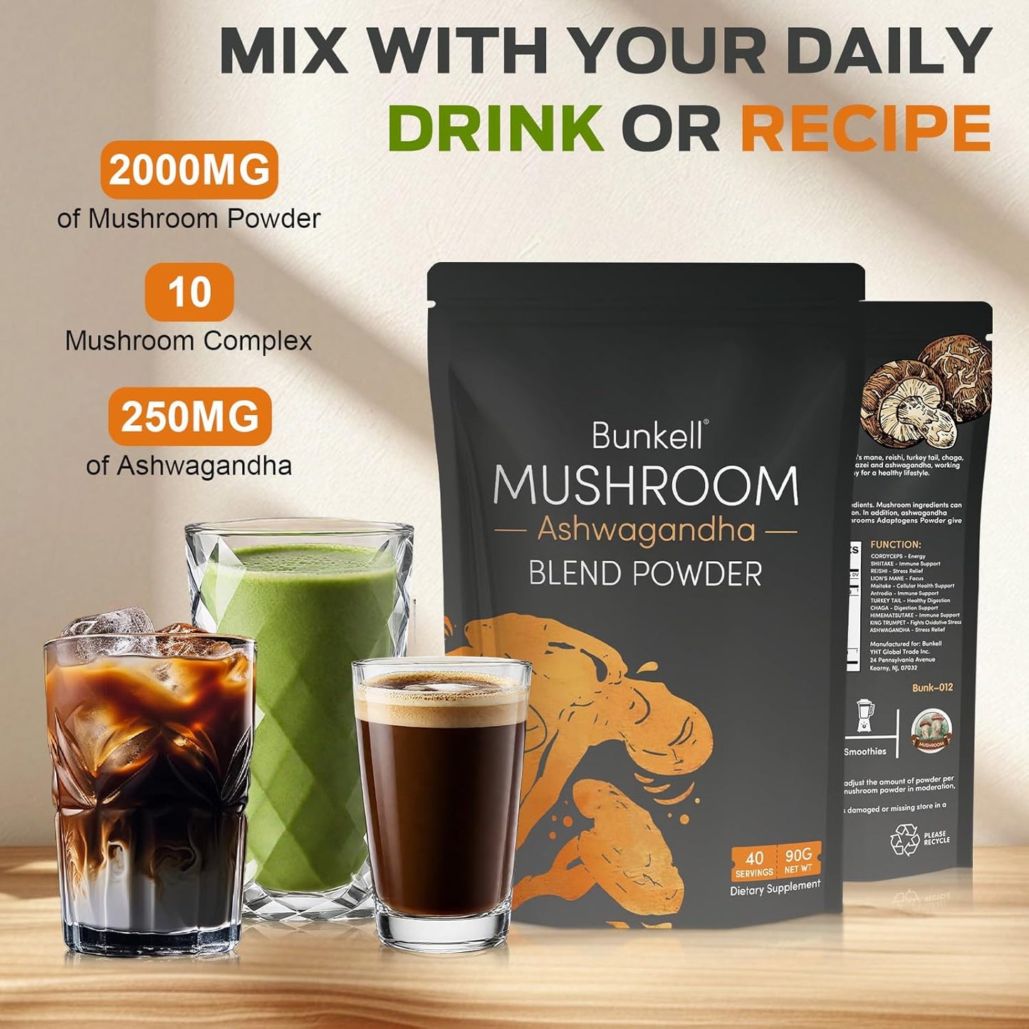 Ashwagandha Mushroom Powder, Adaptogenic 10 Mushrooms Complex W/Ashwagandha - Lion'S Mane, Reishi, Chaga & Maitake - Adaptogens Powder for Energy, Cognitive & Immune Support, 40 Servings