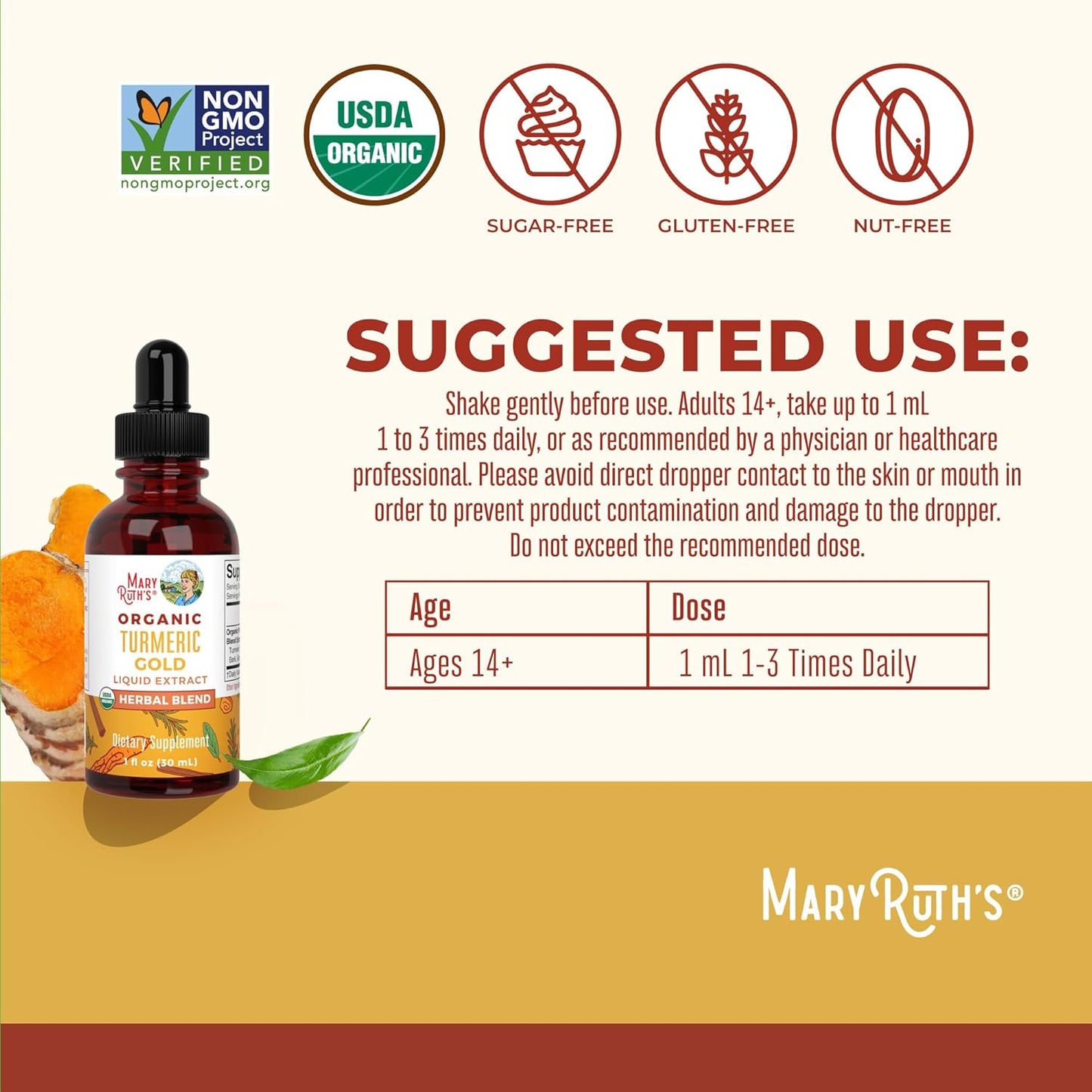 USDA Turmeric Gold Liquid Drops | Herbal Blend | Turmeric Curcumin | Black Pepper | Cassia Cinnamon Bark | Ginger Root | Immune Support | Non-Gmo Project Verified | Vegan | 1Oz