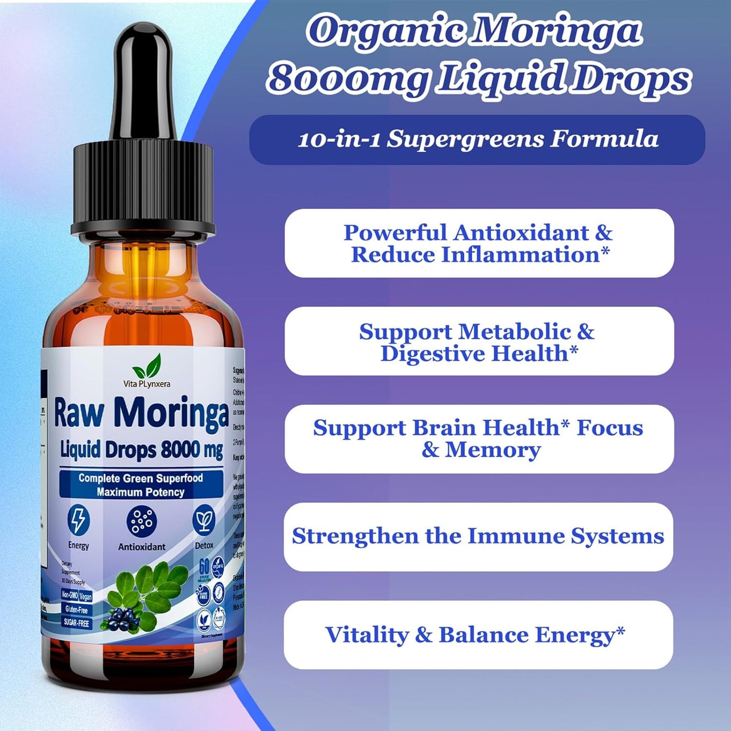 Raw Moringa Liquid Drops 8000 Mg, Organic Moringa Oleifera Leaf Extract W. Supergreens Blend of Wheatgrass, Barley Grass for Antioxidant, Energy & Immune, High Potency than Capsules Powder