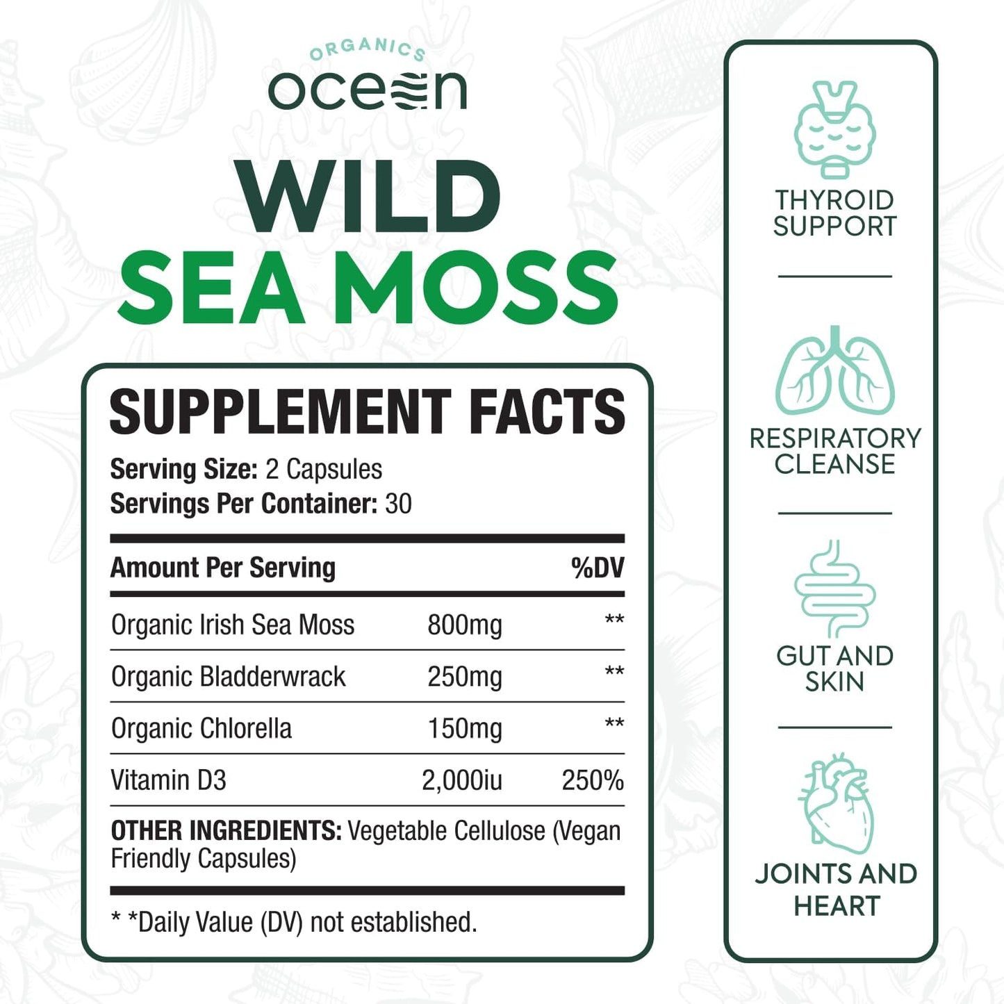 Wild Sea Moss Capsules - 100% Organic Irish Sea Moss with Organic Chlorella, Bladderwrack and Vitamin D for Energy, Lung Health and Thyroid Support for Women and Men - 60 Capsules
