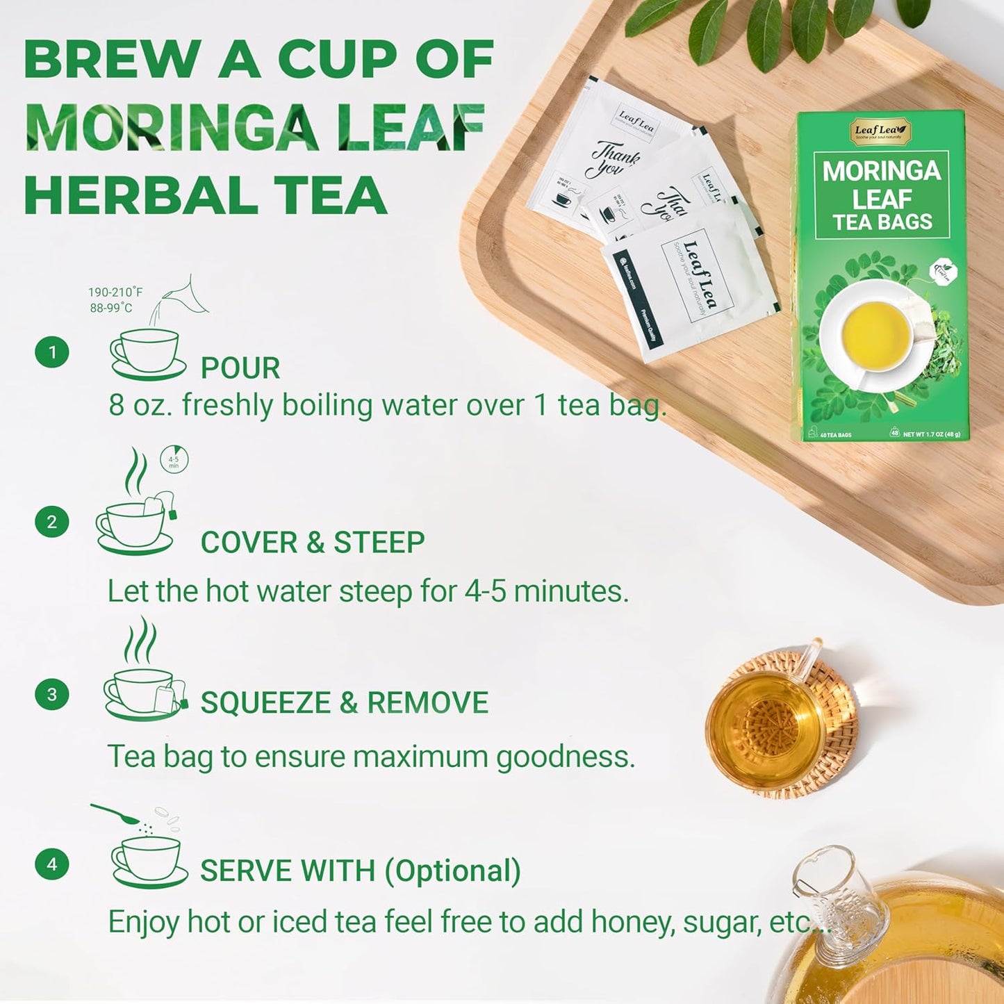 40 Moringa Tea Bags, 100% Natural and Pure Moringa Leaf Herbal Tea, Supports Digestion and Immune Health, Caffeine-Free, Sugar-Free, Vegan