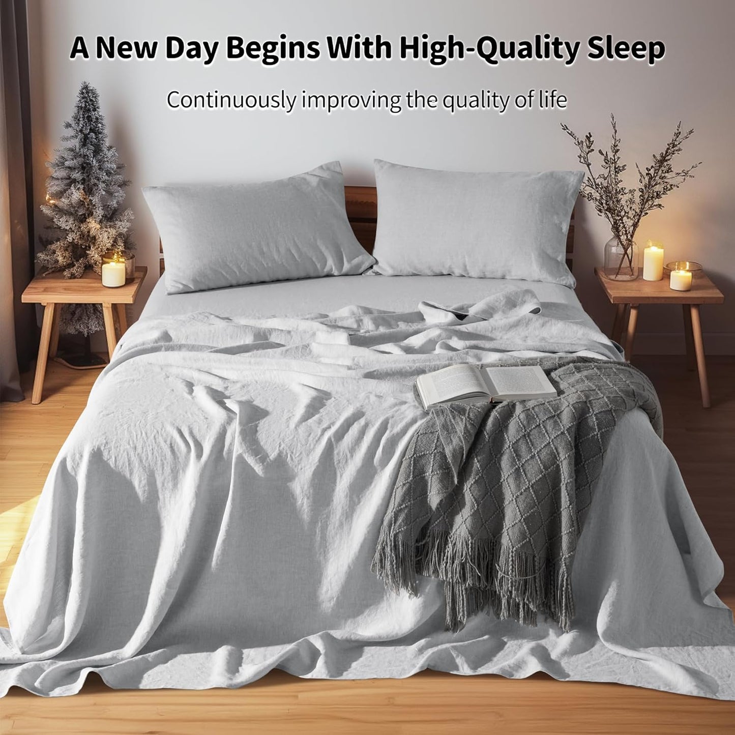 100% Linen Sheet Set 19" Deep Pocket Full Size,Bed Sheets 4 Piece Sets,Solid Color Natural Flax Bed Sheets Soft Breathable Bedding, All Season (Full, Grey)