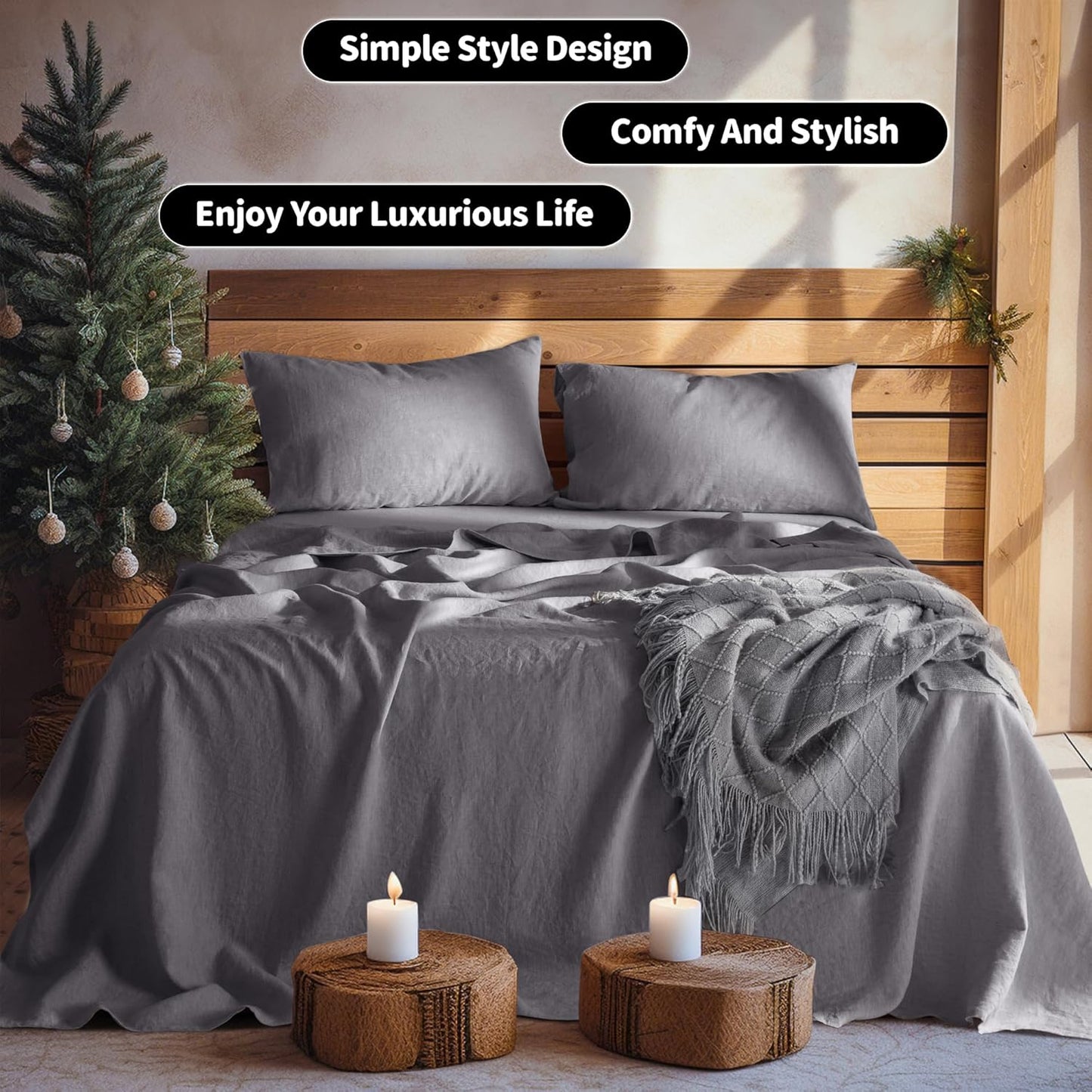 100% Linen Sheet Set 19" Deep Pocket Queen Size,Bed Sheets 4 Piece Sets,Solid Color Natural Flax Bed Sheets Soft Breathable Bedding, All Season (Queen, Dark Grey)