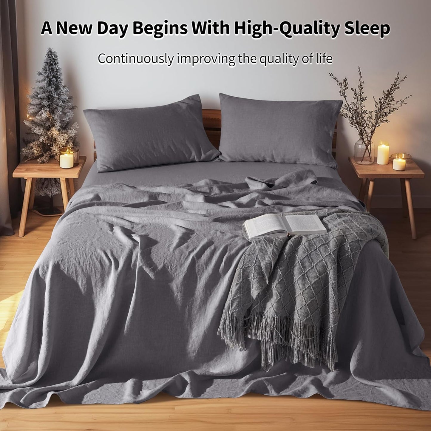 100% Linen Sheet Set 19" Deep Pocket Queen Size,Bed Sheets 4 Piece Sets,Solid Color Natural Flax Bed Sheets Soft Breathable Bedding, All Season (Queen, Dark Grey)