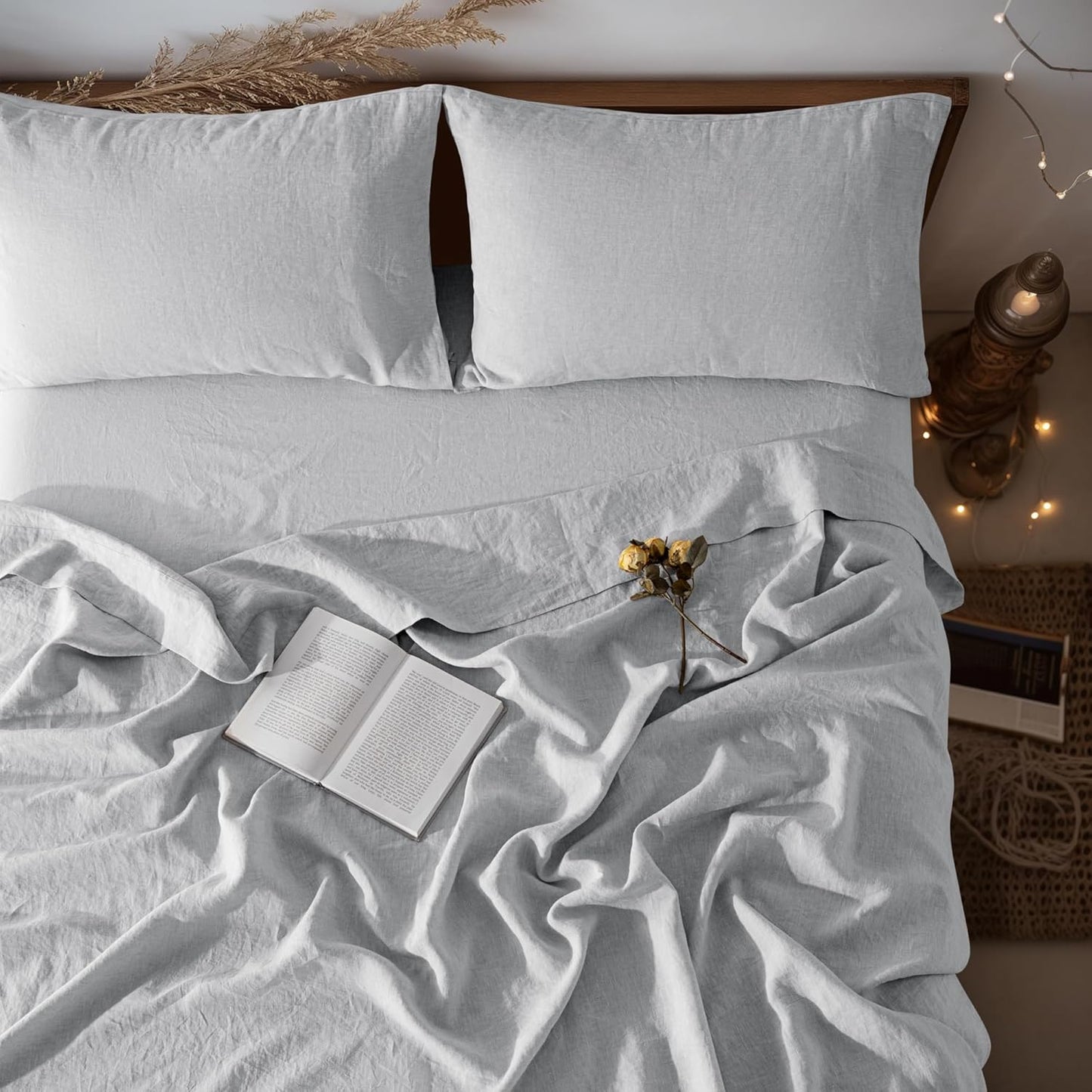 100% Linen Sheet Set Full Size, Bed Sheets 4 Piece Sets, Solid Color Natural Flax Bed Sheets Soft Breathable Bedding,16" Deep Pocket,All Season (Full, Linen)