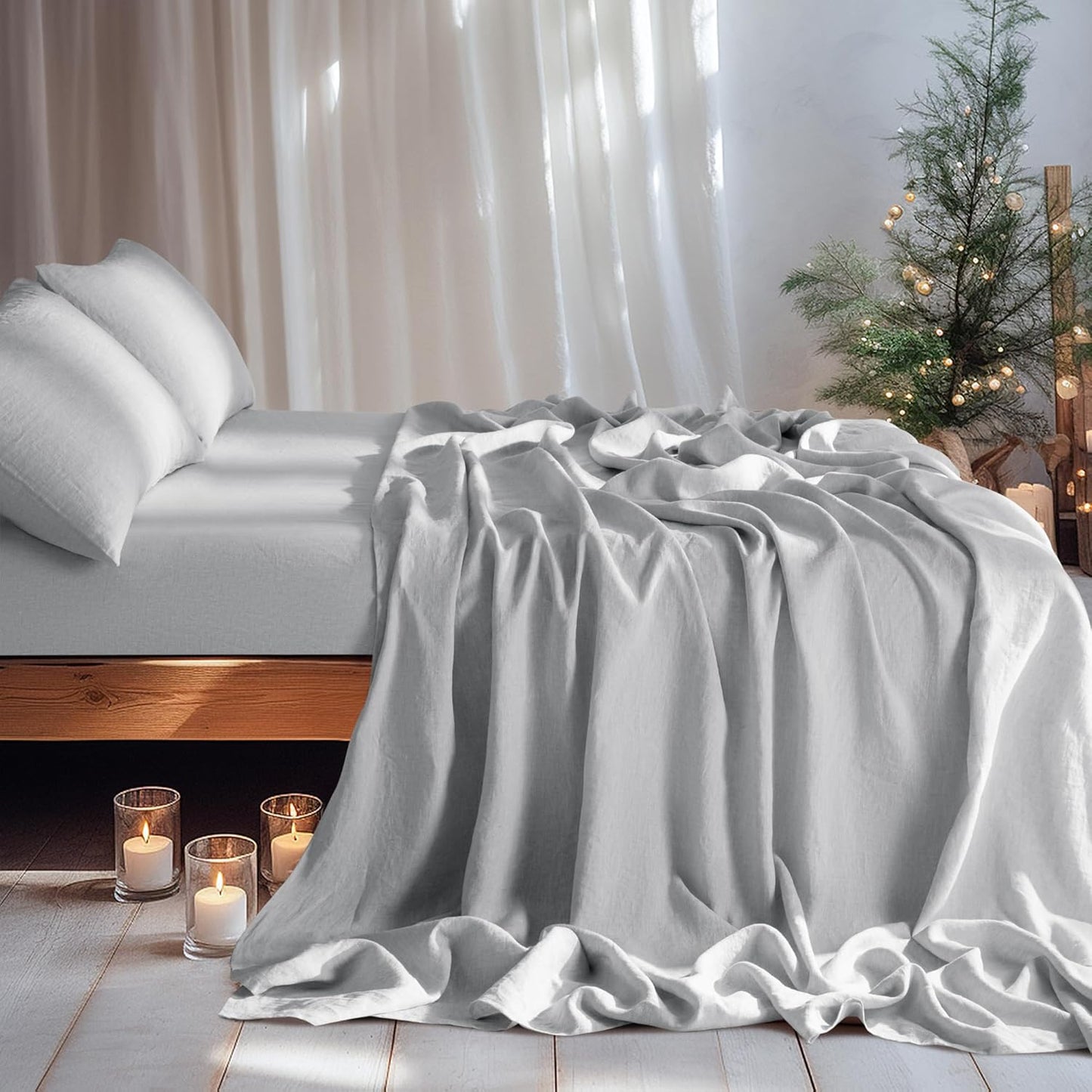 100% Linen Sheet Set 19" Deep Pocket Full Size,Bed Sheets 4 Piece Sets,Solid Color Natural Flax Bed Sheets Soft Breathable Bedding, All Season (Full, Grey)