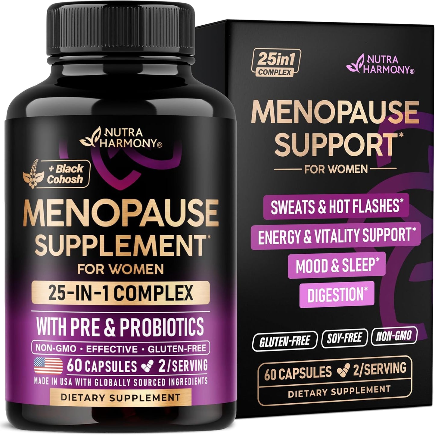 Menopause Supplements for Women - Dong Quai, Black Cohosh, Pre & Probiotics - Sweats & Hot Flashes Relief - Digestion, Sleep & Mood Support - 25-In-1 Perimenopause Complex - Made in USA - 60 Capsules