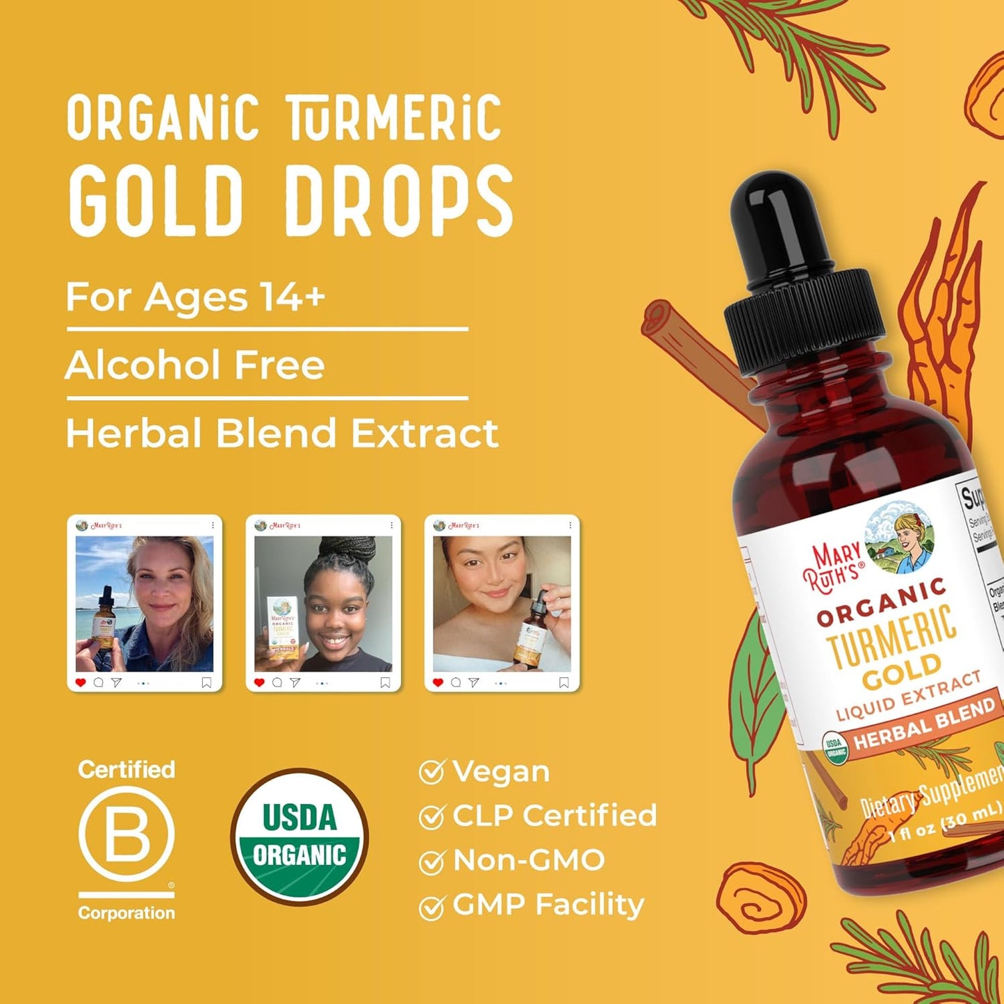 USDA Turmeric Gold Liquid Drops | Herbal Blend | Turmeric Curcumin | Black Pepper | Cassia Cinnamon Bark | Ginger Root | Immune Support | Non-Gmo Project Verified | Vegan | 1Oz
