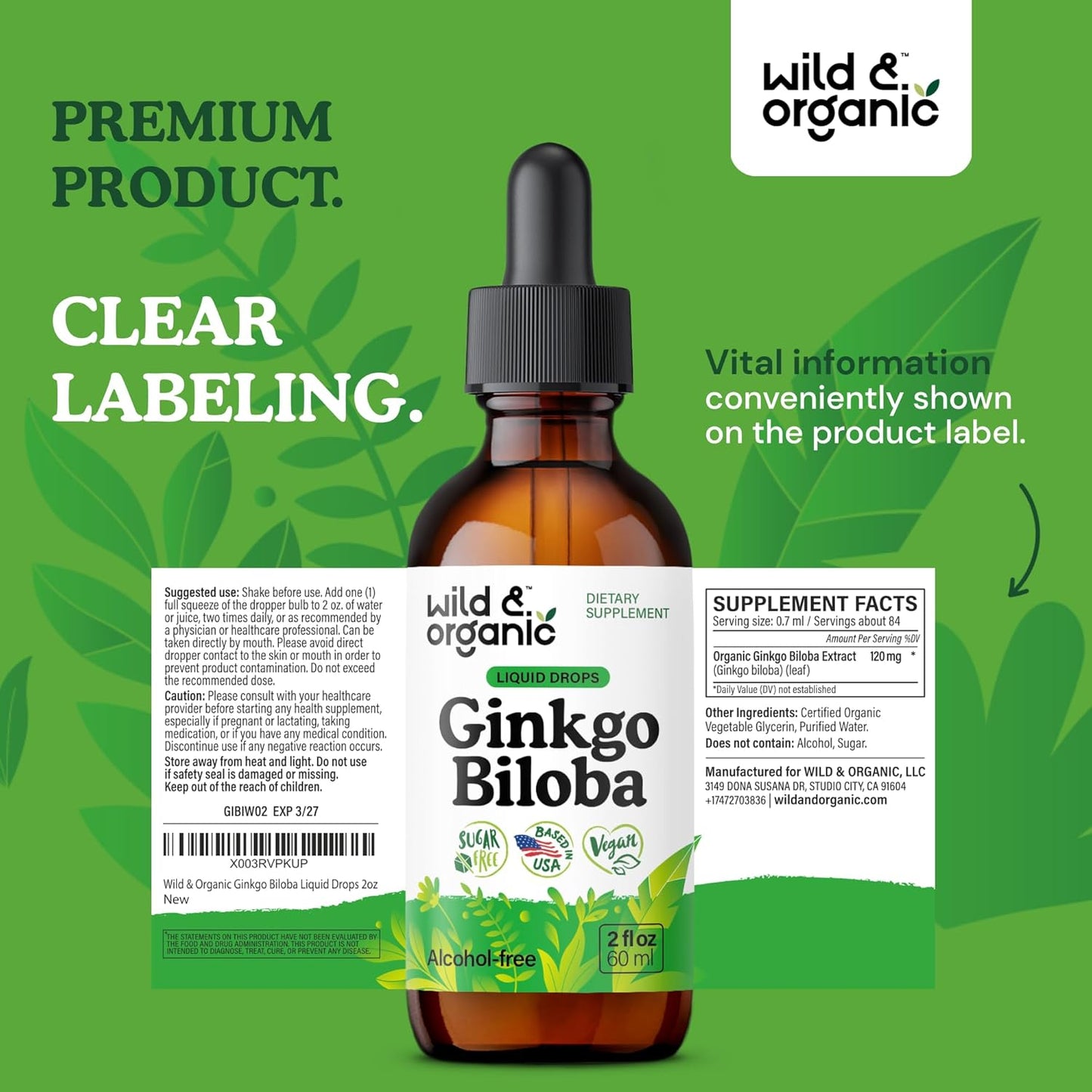 Ginkgo Biloba Tincture - Brain & Focus Support with Ginkgo Leaf Supplement - Vegan, Sugar & Alcohol-Free Herbal Extract Tincture - 2 Fl Oz