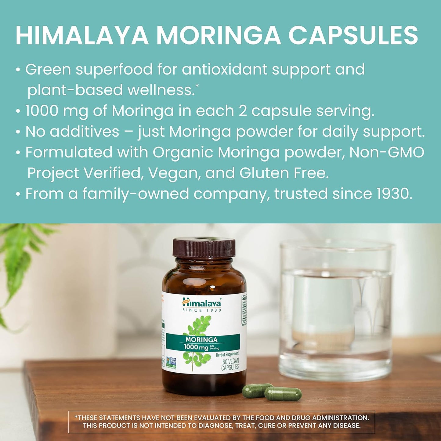 Moringa, 60 Capsules, Green Superfood for Antioxidant Support and Wellness, 1000 Mg, 1 Month Supply, Non-Gmo Project Verified, Vegan, Gluten Free Supplement, Additive Free