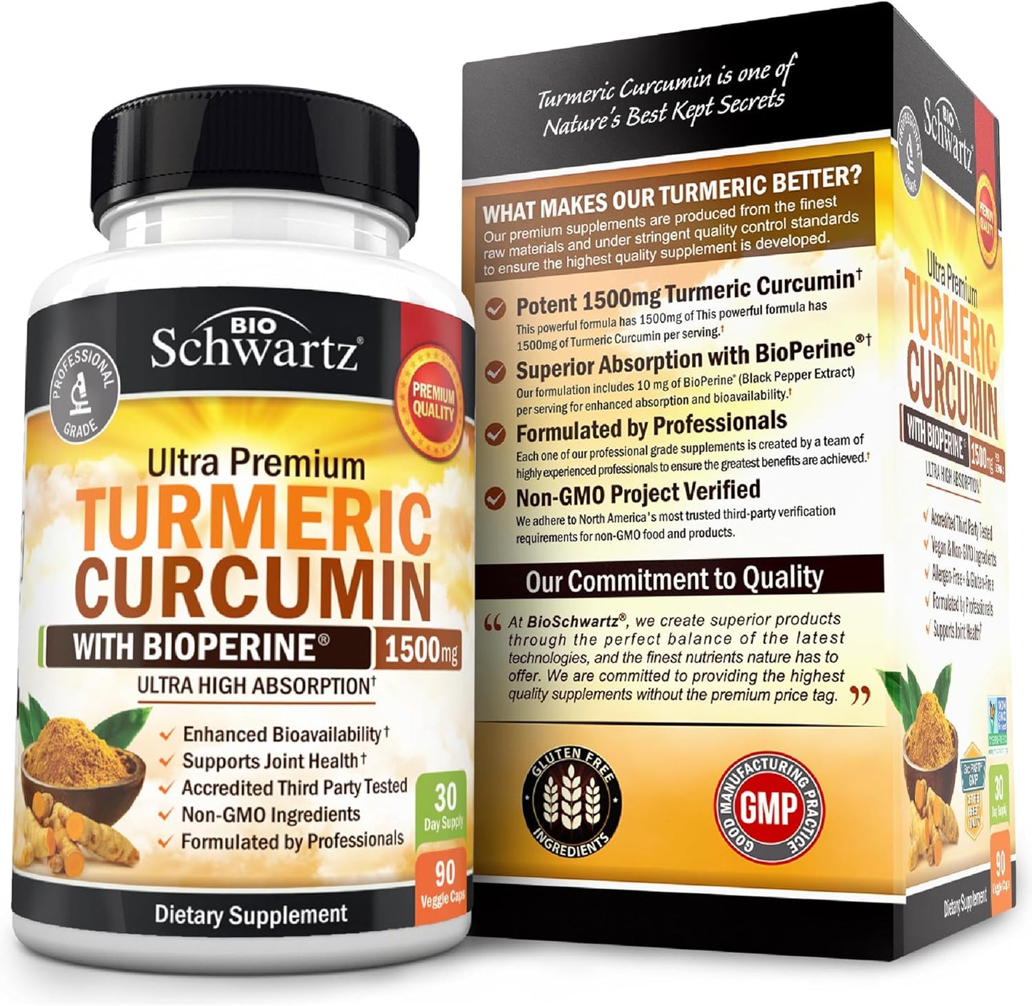 Turmeric Curcumin with Black Pepper Extract 1500Mg - High Absorption Ultra Potent Turmeric Supplement with 95% Curcuminoids and Bioperine - Non GMO Tumeric Capsules for Joint Support - 90 Capsules