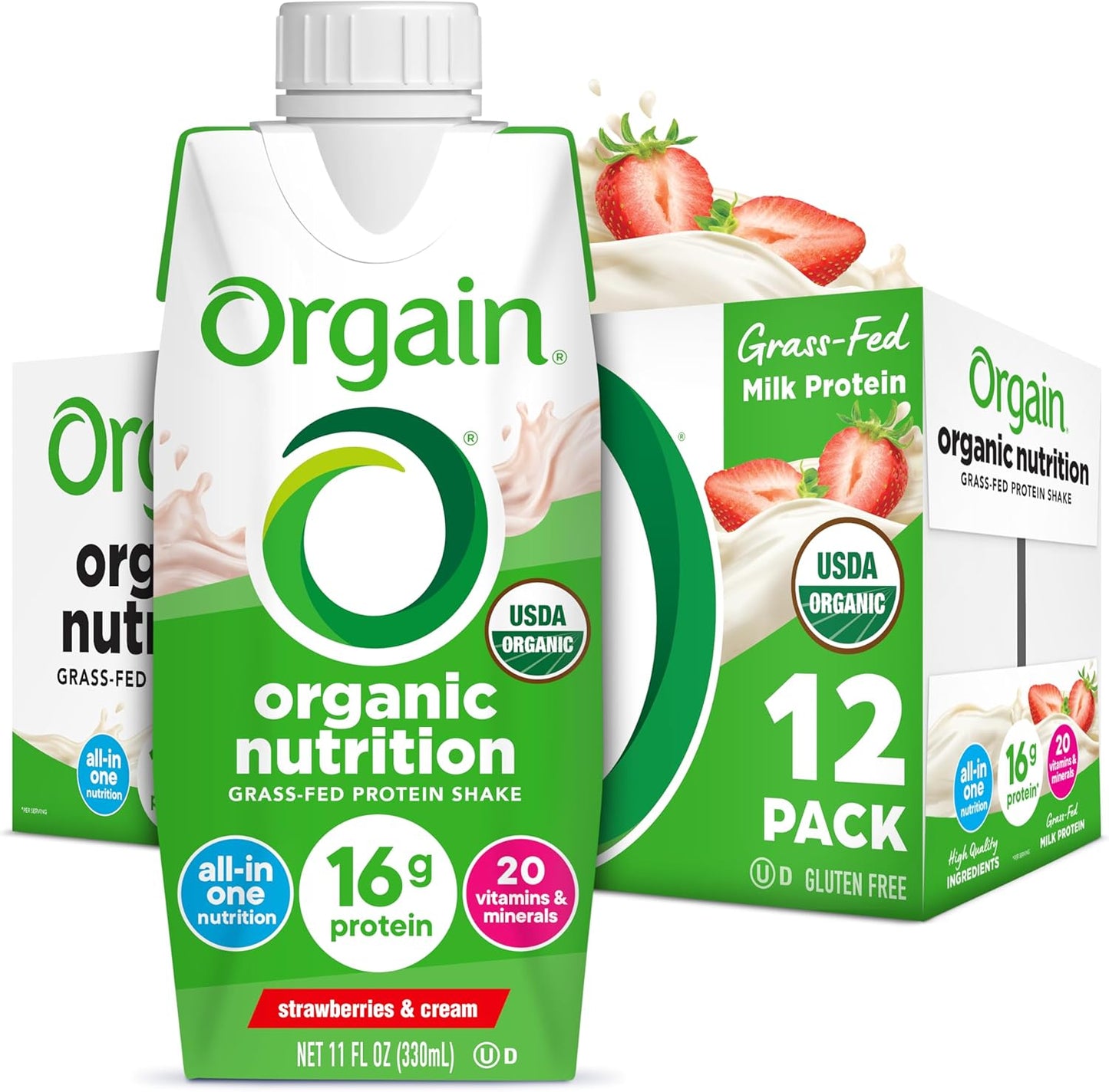 Organic Nutritional Protein Shake, Vanilla Bean - 16G Grass Fed Whey Protein, Meal Replacement, 20 Vitamins & Minerals, Fruits & Vegetables, Gluten Free, Non-Gmo, 11 Fl Oz (12 Pack)