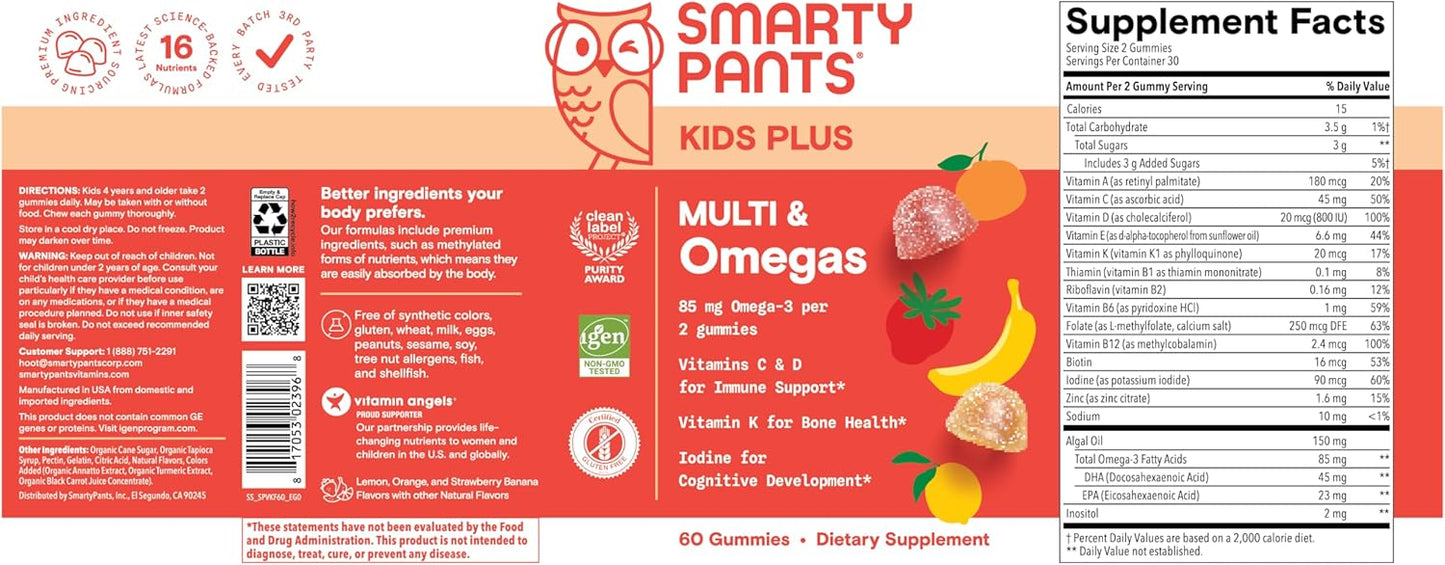 Kids Multivitamin Gummies - Improved Formula: Omega 3 (DHA/EPA), Vitamins D3, C, B12, B6, Vitamin A, K & Zinc, Gluten Free, Three Fruit Flavors, 60 Count (30 Day Supply)