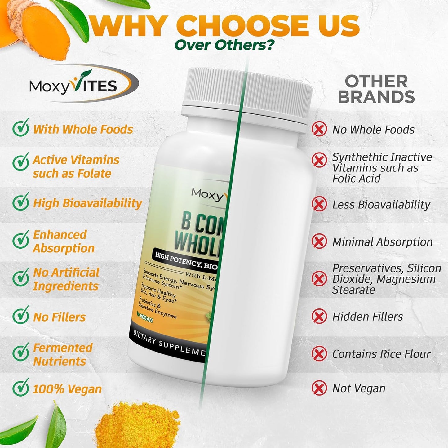 Vitamin B Complex - B Vitamins Whole Food Supplement, B12 Methylcobalamin, B1, B2, B3, B5, B6, B7, B9 - for Stress, Energy and Immune Support, Vegan, 120 Capsules
