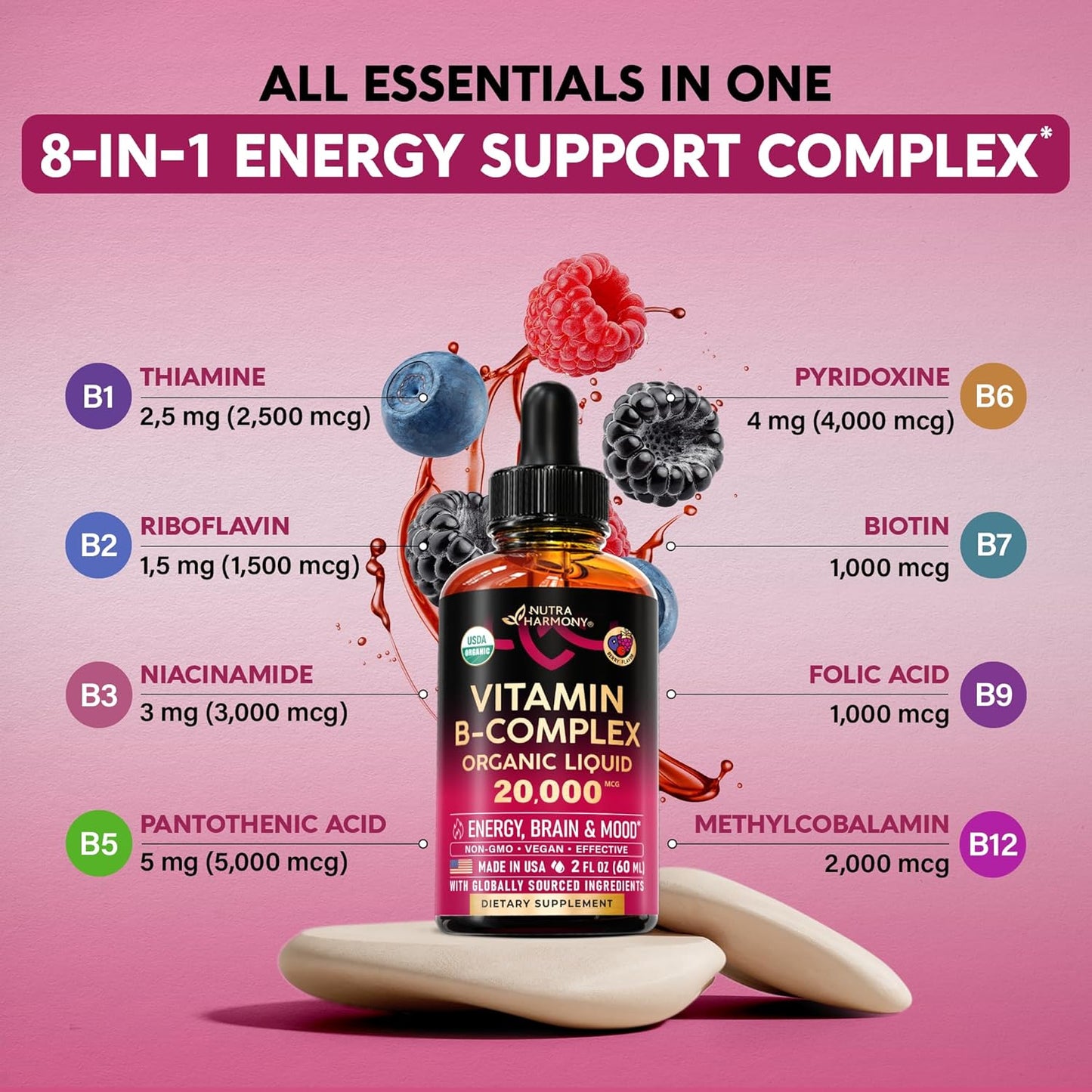 USDA Organic Vitamin B-Complex B5 Pantothenic Acid | B12 Methylcobalamin | B1 Thiamine | B6 Pyridoxine | B7 Biotin | B9 Folic | B3 Niacinamide - B Complex Liquid Drops, Made in USA Supplement, 2Fl Oz