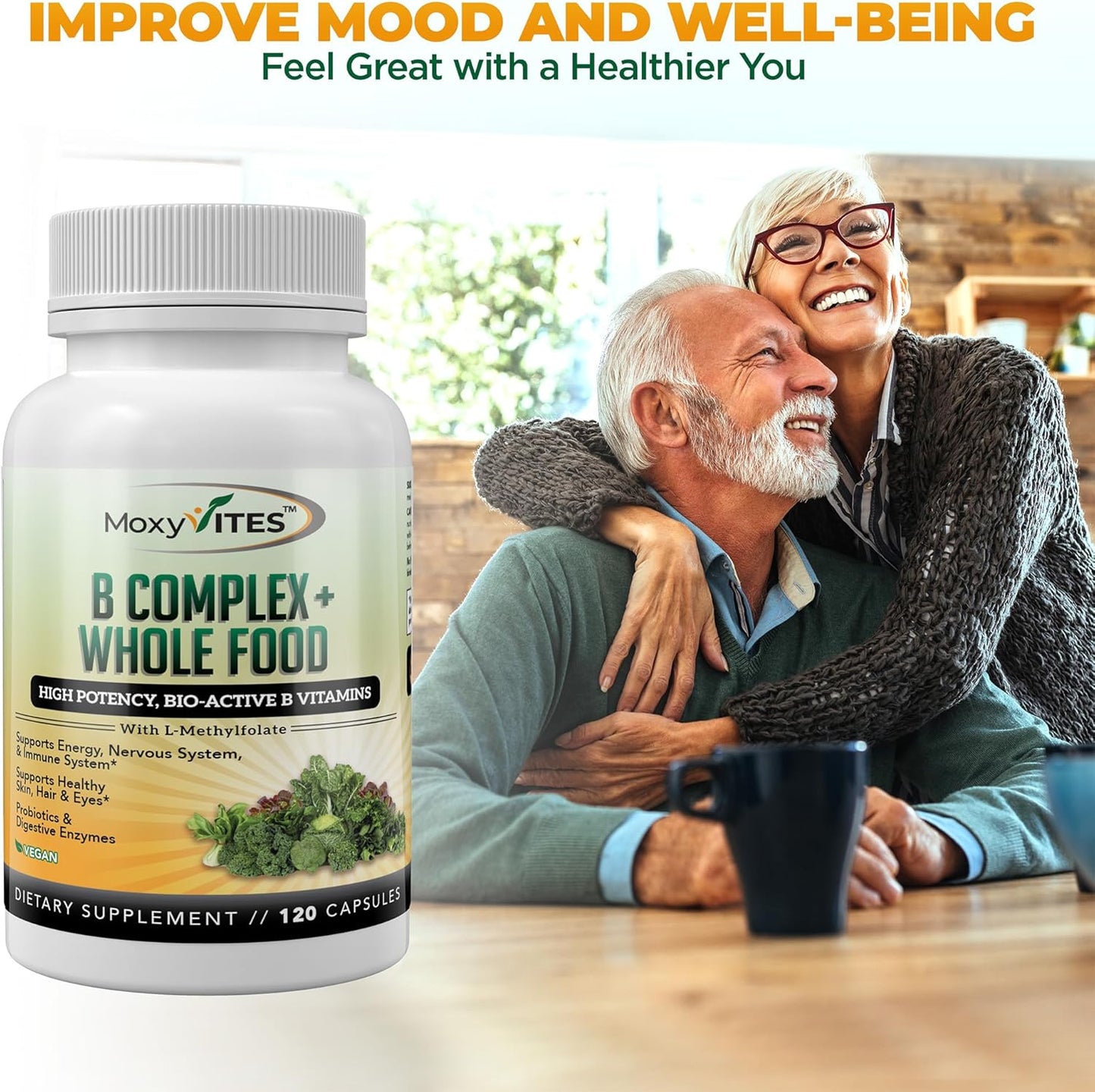 Vitamin B Complex - B Vitamins Whole Food Supplement, B12 Methylcobalamin, B1, B2, B3, B5, B6, B7, B9 - for Stress, Energy and Immune Support, Vegan, 120 Capsules
