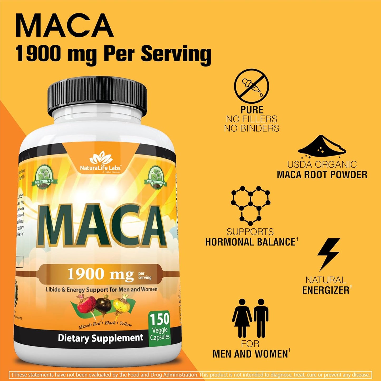 Organic Maca Root β Black, Red & Yellow β 1900 Mg per Serving β 150 Vegan Capsules β Gelatinized Peruvian Maca β Non-Gmo β Libido & Energy Support for Men and Women