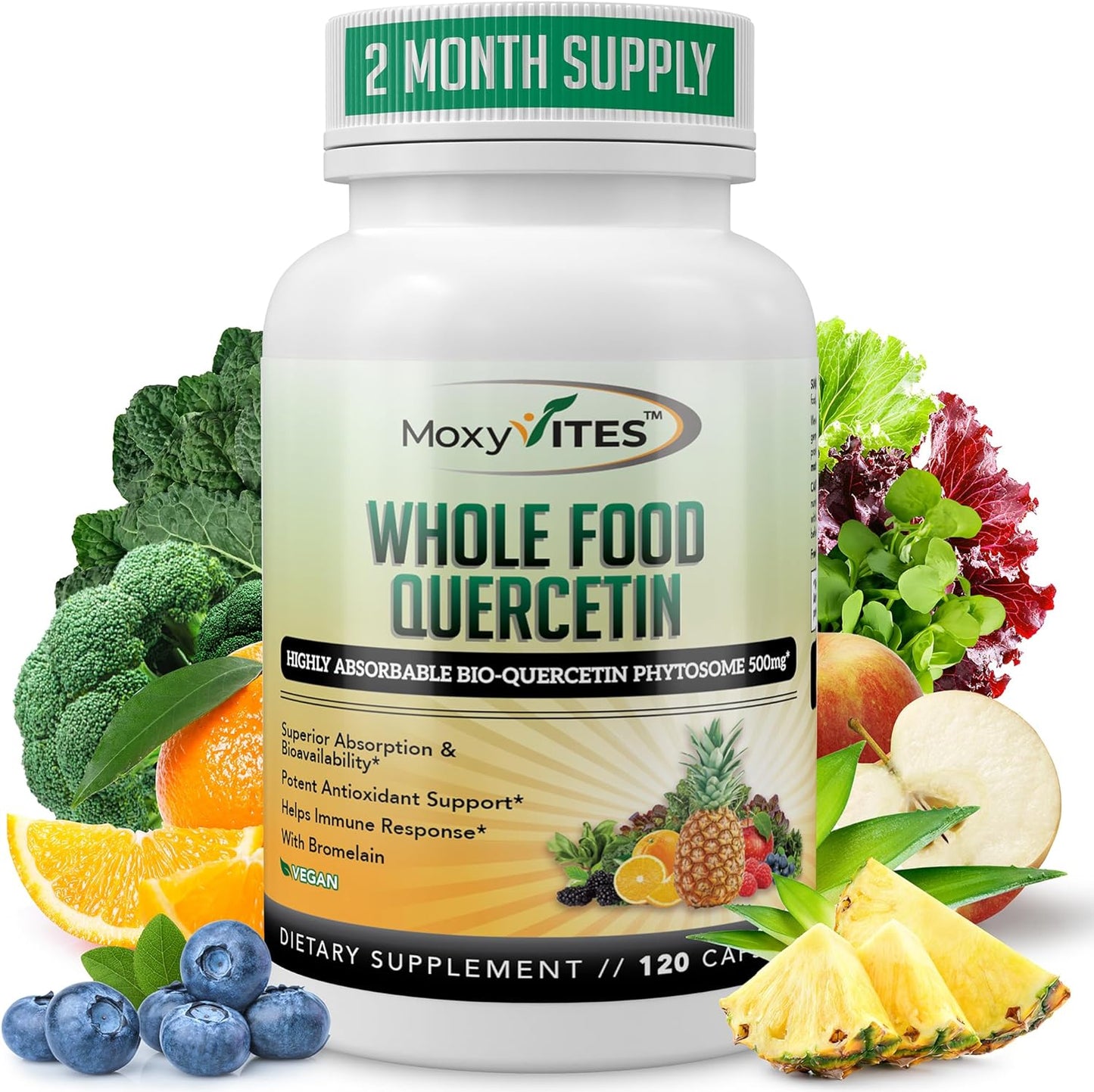 Quercetin with Bromelain 500Mg Supplement - Bioactive Phytosome Complex, Pure Organic Whole Food Seasonal Support, Antioxidant, 20X Absorption & Bioavailability-120 Caps