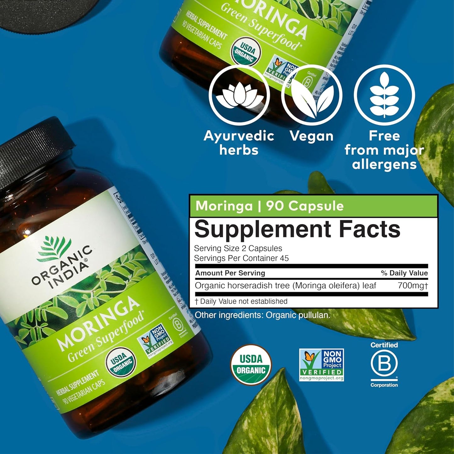 Moringa Capsules Organic - Moringa Supplement - Green Superfood, Moringa Leaf Capsules, Pure Supergreen, Vegan Greens, Nature'S Multivitamin, Vegan, Gluten-Free - 90 Capsules